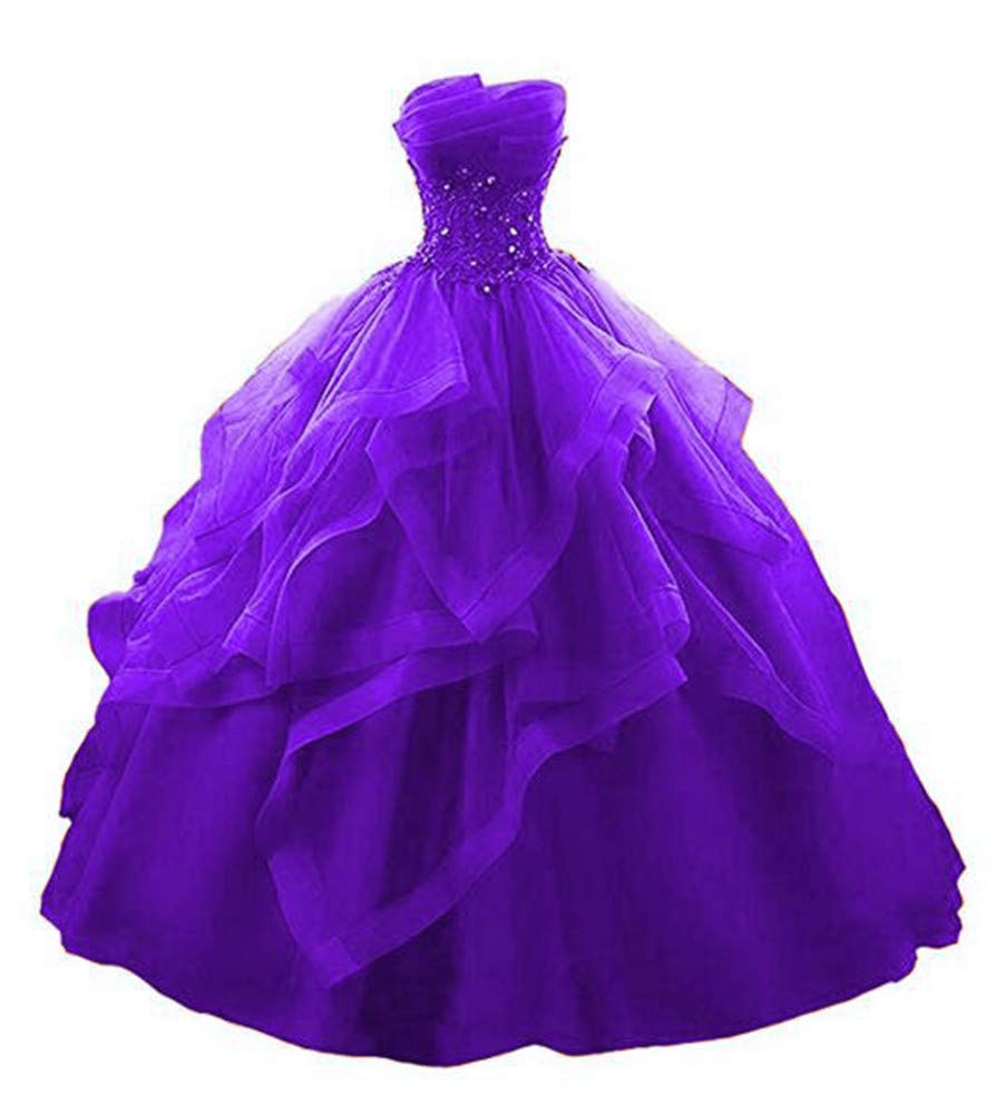 Elegant Purple Strapless Lace Beaded Quinceañera Dress with Ruffles - Long Sleeveless Prom Ball Gown for Women | Perfect for Sweet 16, Formal Dances & Special Occasions