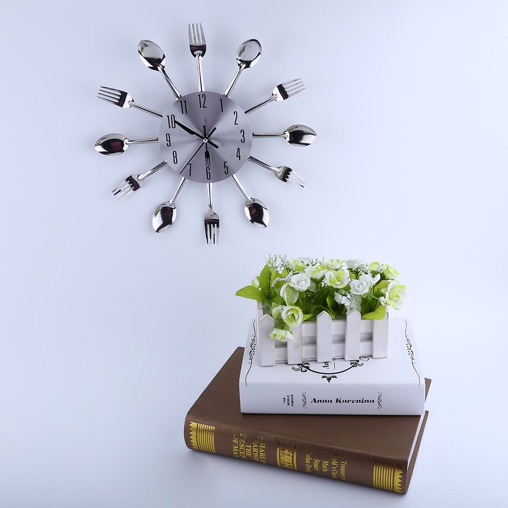 Ejoyous 12.4 Inch Large 3D Modern Creative Kitchen Wall Clock - Spoon & Fork Design Home Decor for Kitchen, Dining Room & Office (Silver) | Perfect Gift for Housewarming, Wedding & Home Renovation