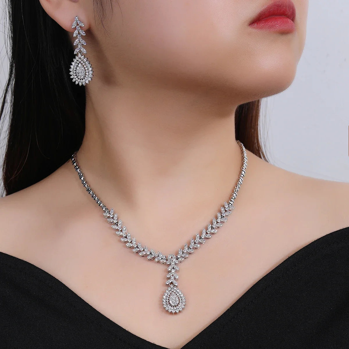 Elegant Cubic Zirconia Necklace and Earrings Set for Women - Wedding, Bridal Jewelry - Sparkling White Zirconia Gift Set CN11228 - Perfect for Bridal Shower, Anniversary and Special Occasions