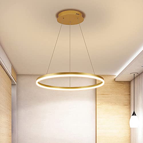 Modern LED Pendant Light - 16 Inch Gold Metal Ring Chandelier, Minimalist Hanging Lamp for Dining Room, Kitchen Island & Bedroom (White) - Energy Efficient Dimmable Lighting Fixture