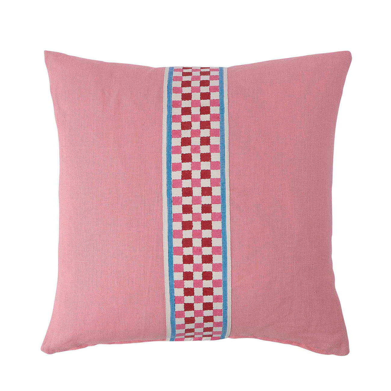 Pale Pink Linen Cushion with Checkered Red & Pink Tape - Elegant Home Decor for Sofa, Bed & Living Room