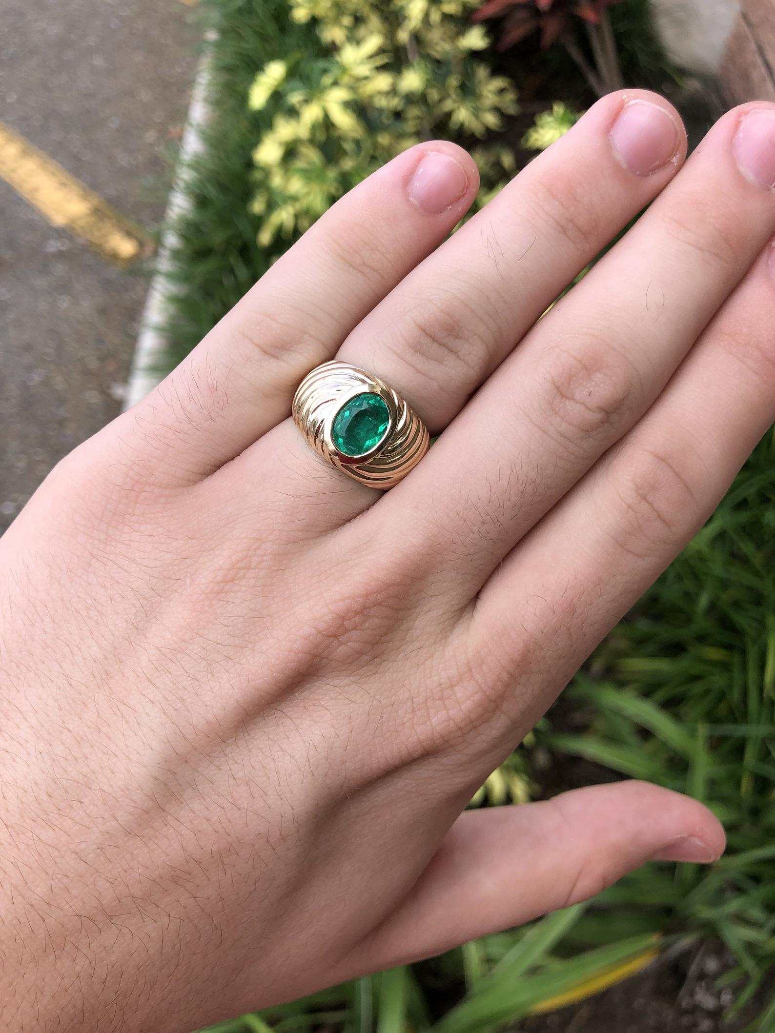 1.90 Carat Natural Oval Emerald 14K Gold Men's Signet Ring - Elegant Solitaire Jewelry for Weddings, Engagements & Special Occasions