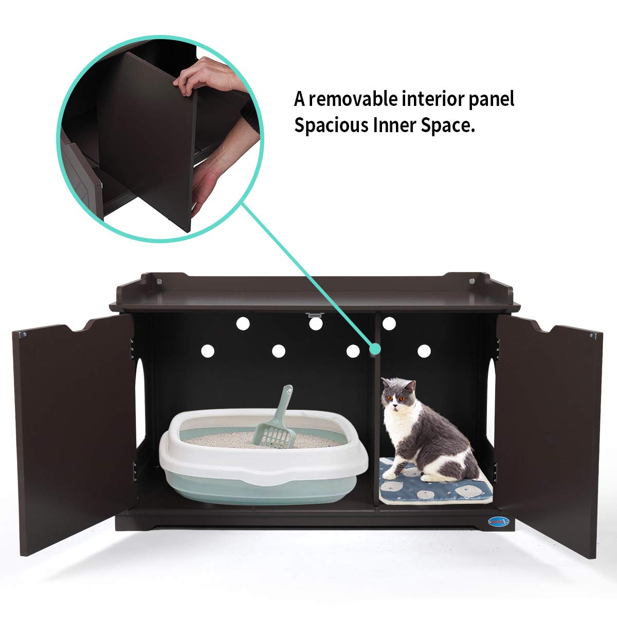 Multifunctional Wooden Cat Litter Box Furniture - Hidden Washroom Storage Bench Cabinet with Removable Panel & Spacious Interior (Brown) - Perfect for Small Spaces & Home Décor