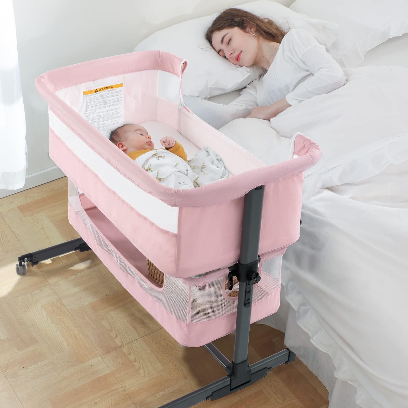 Ihoming 3-in-1 Convertible Baby Bassinet Bedside Sleeper - Adjustable Newborn Crib with Cradle Function, Portable Infant Bed Attaches to Adult Bed (Pink) | Perfect for Nursery, Bedroom & Travel