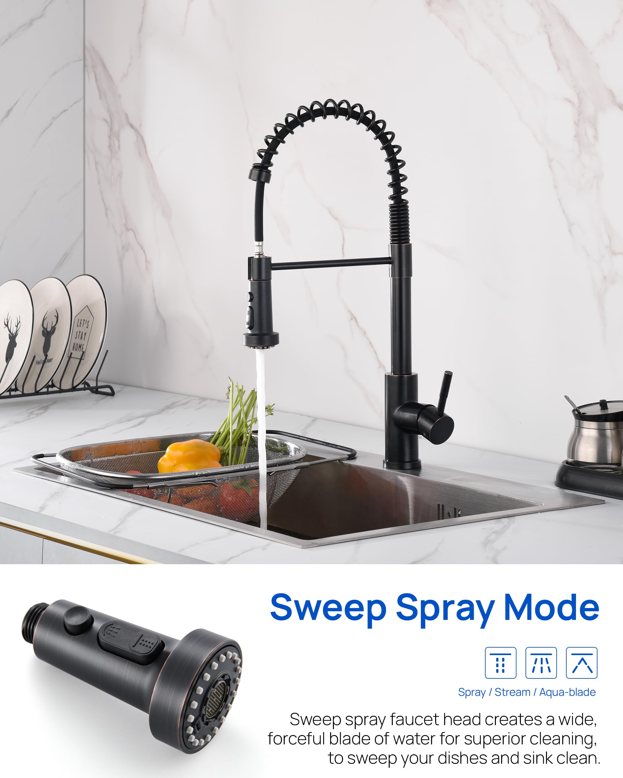 J-HVA 3-Function Pull Down Kitchen Faucet Sprayer Head Replacement with Adapters - Oil Rubbed Bronze Sink Spray Nozzle for Easy Dishwashing & Cleaning | Compatible with Most Pull-Out Faucets