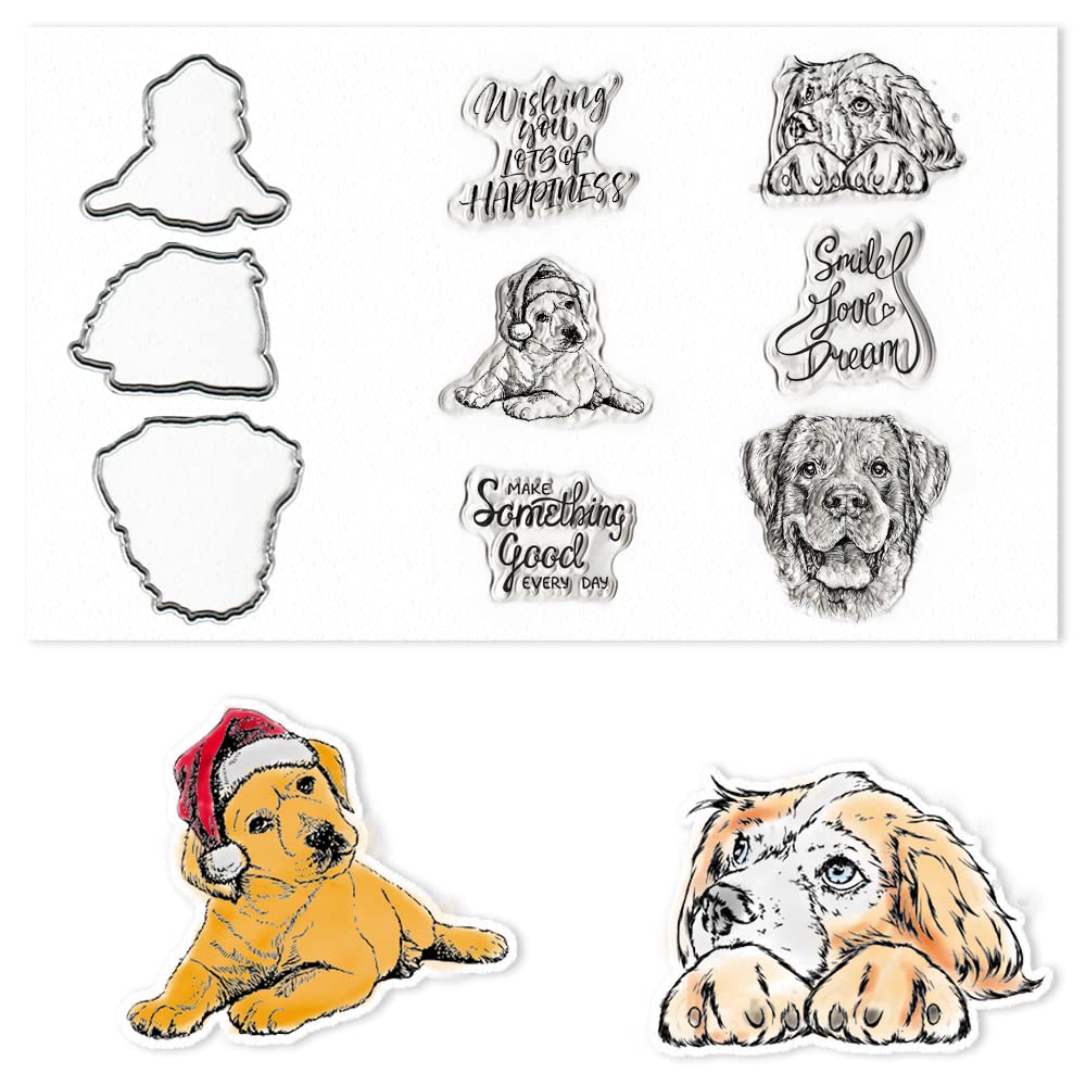 Cute Dog Puppy Clear Stamps and Dies Set for Card Making - Transparent Rubber Stamps with Sentiment Words & Animal Die Cuts for DIY Scrapbooking, Greeting Cards, Journaling and Paper Crafts