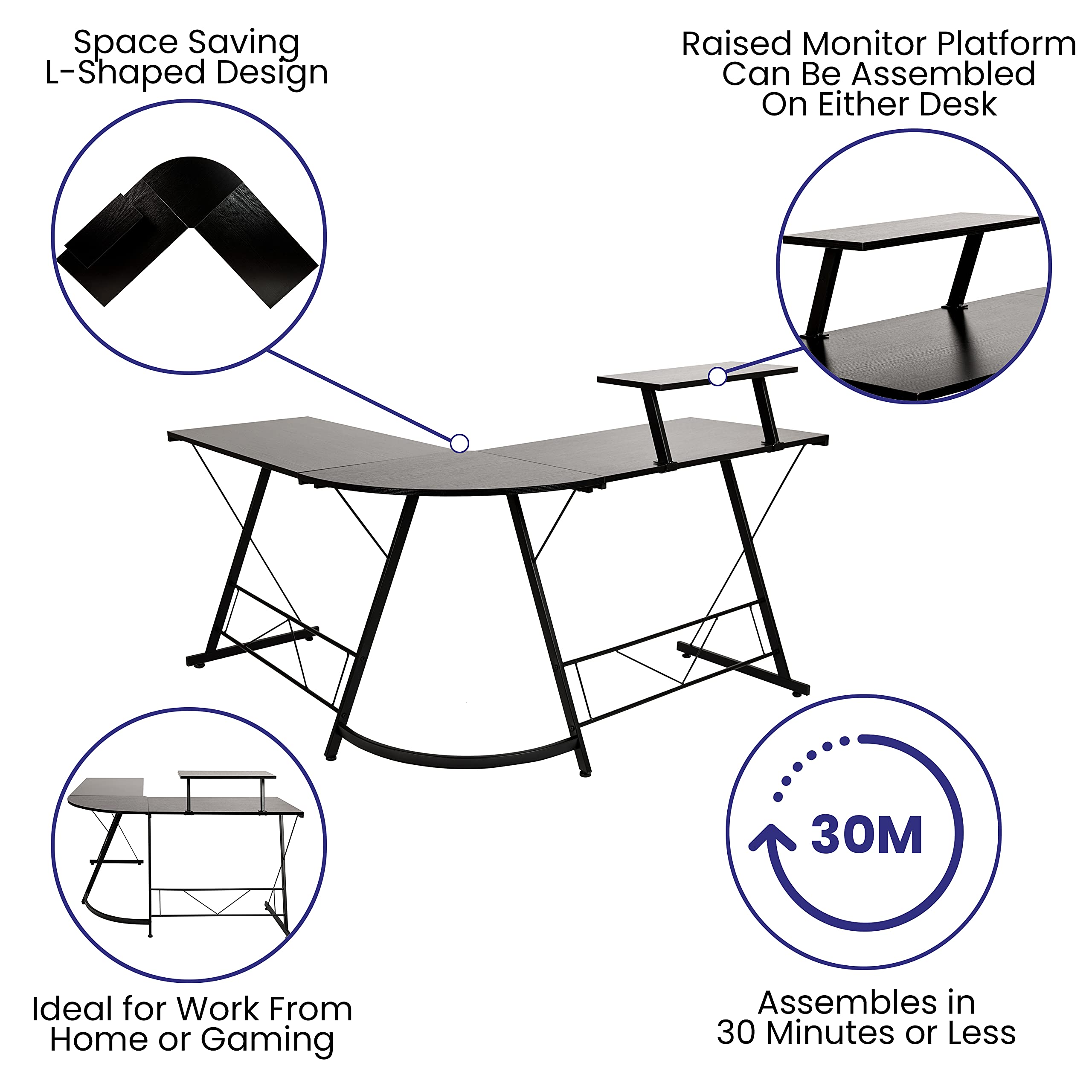 EMMA + OLIVER Black L-Shaped Computer Desk for Home Office & Gaming - Ergonomic Workstation with Spacious Surface | Perfect for Small Spaces, Remote Work & PC Gaming Setups