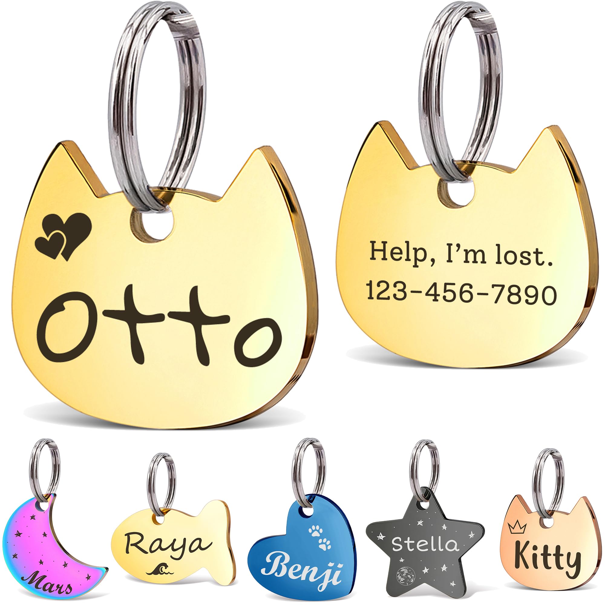 Anavia Small/XS Personalized Stainless Steel Pet ID Tags - Custom Engraved Nameplate for Dogs & Cats - Gold Cat Head Design - Perfect for Collars, Travel & Safety Identification