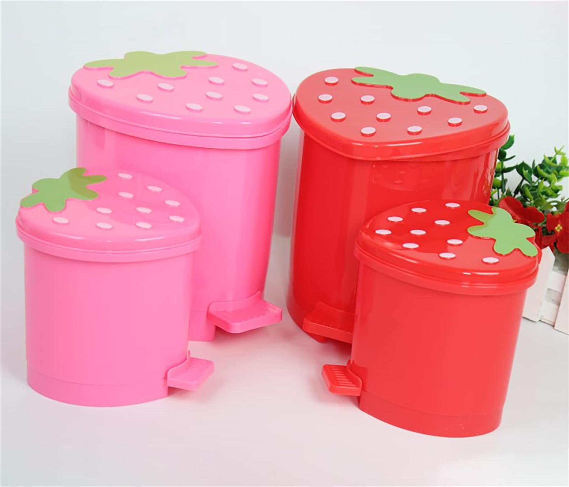 Strawberry Shaped Trash Can - 1 Gallon Cute Small Plastic Waste Bin for Bedroom, Office & Desk - Includes 0.3 Gallon Mini Garbage Can & 5 Rolls Trash Bags - Kawaii Room Decor for Girls, Dorm, Bathroom & Kitchen Organization