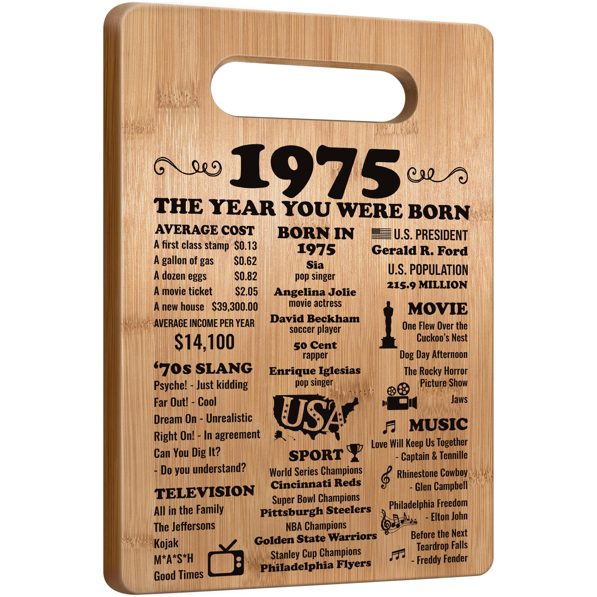 1975 Themed 50th Birthday Gifts for Women & Men - Personalized Cutting Board with Vintage Design - Perfect 50 Years Old Gift Idea for Her or Him - Great for Anniversary Decorations & Kitchen Use