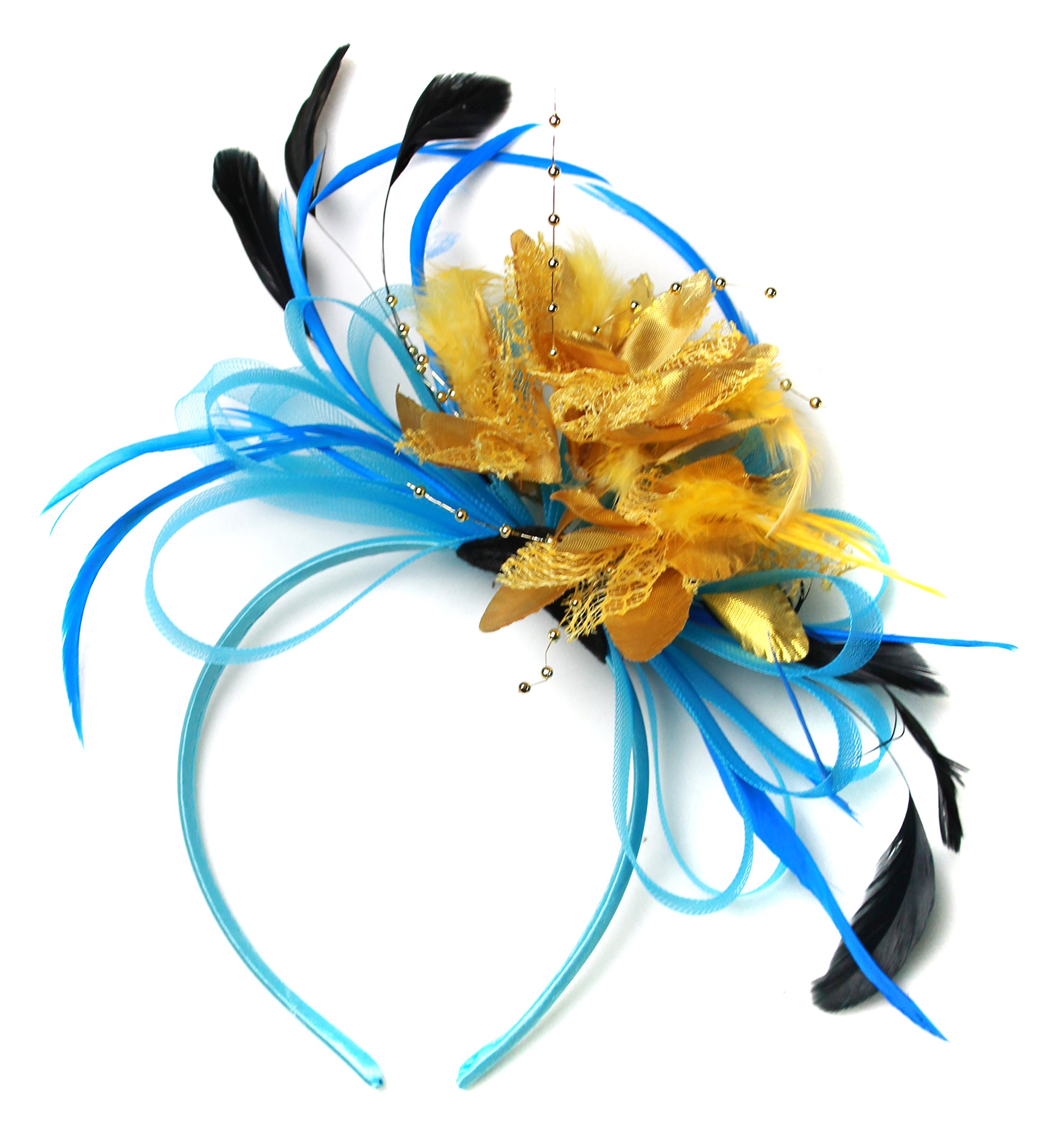 Elegant Aqua Cornflower Blue & Gold Feather Hair Fascinator Headband - Perfect for Weddings, Royal Ascot Races & Special Occasions