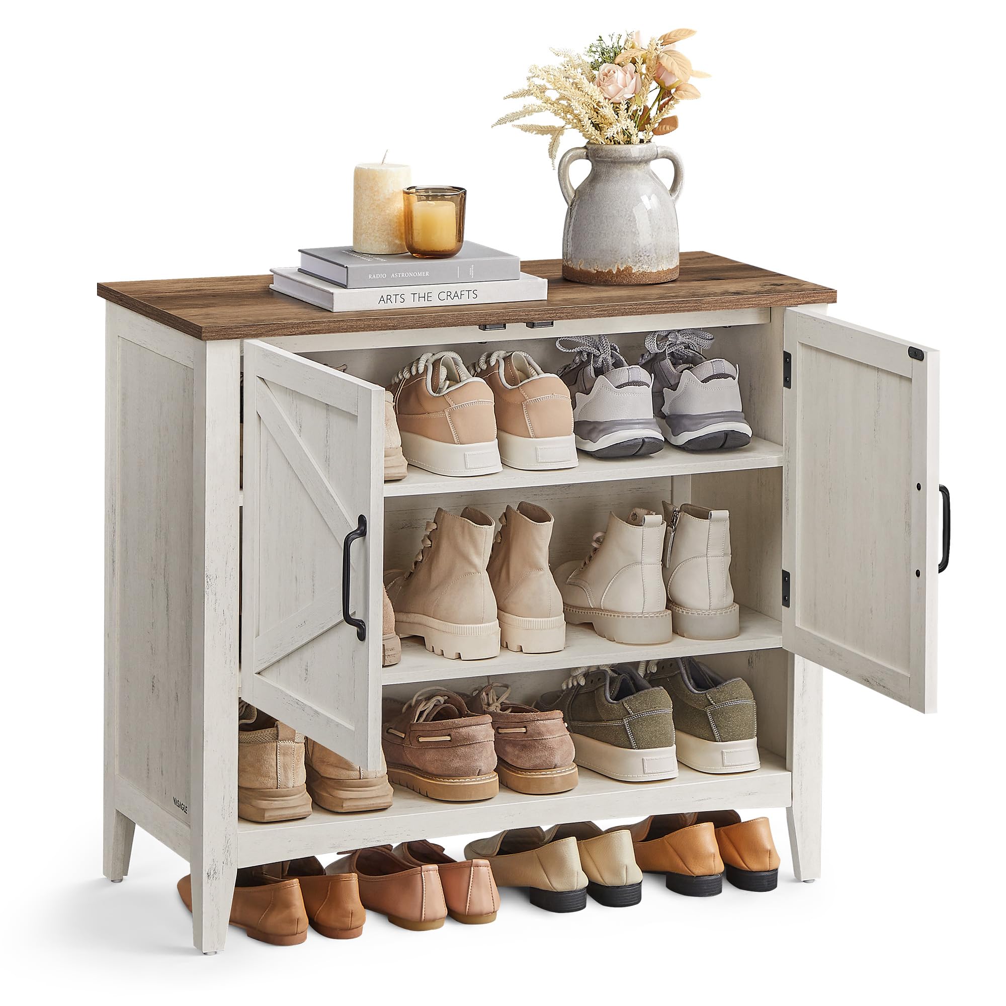 VASAGLE 3-Tier Shoe Storage Cabinet - Farmhouse Style Freestanding Organizer with Adjustable Shelves, 13.8