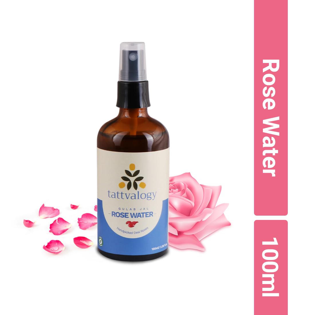 Tattvalogy Pure Rose Water (Gulab Jal) - 100% Natural Hydro Distilled Facial Toner for Skin Cleansing & Hydration | Alcohol-Free, Fragrance-Free | Glass Bottle 100ml | Perfect for Daily Skincare, Makeup Removal & Soothing Irritated Skin