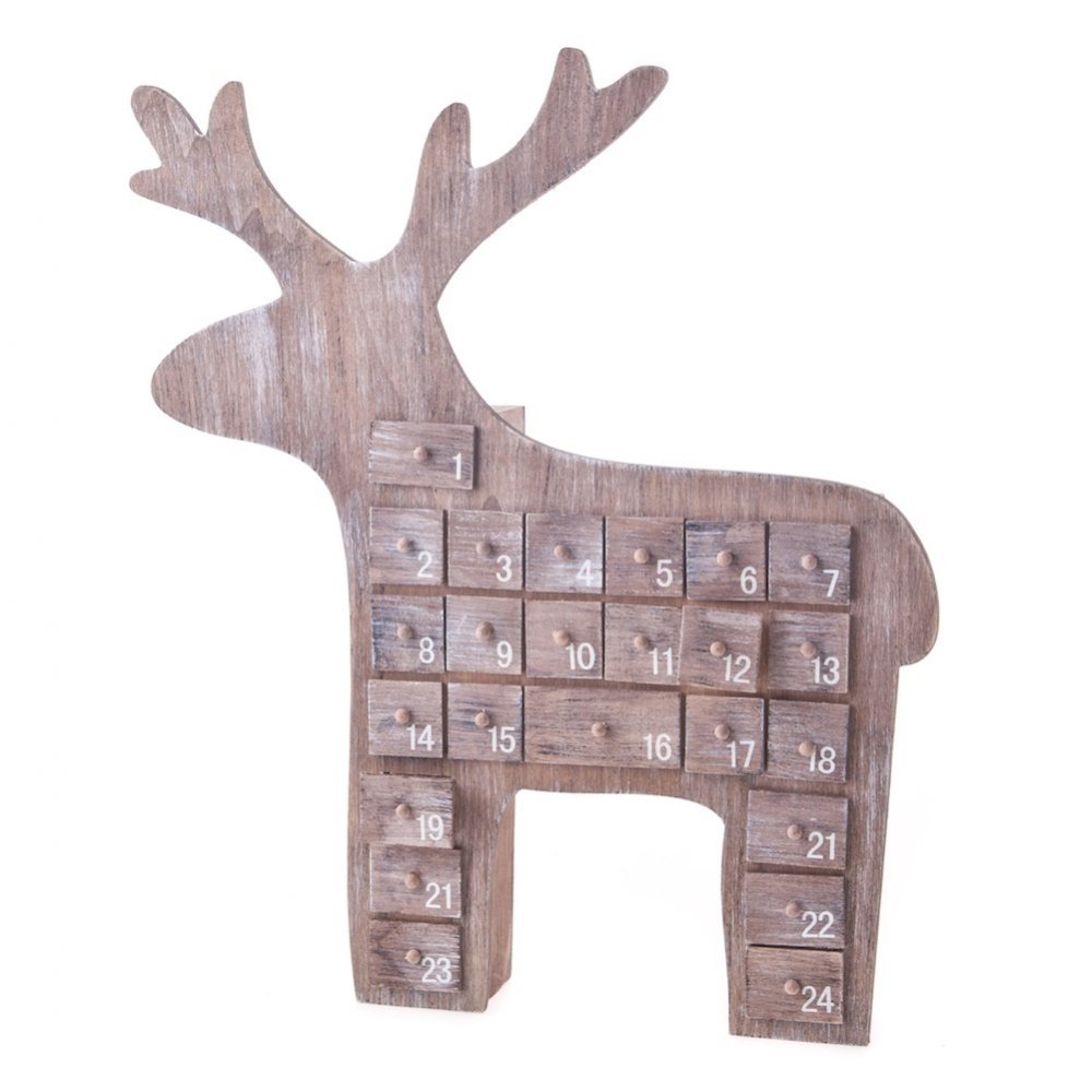 Natural Wooden Reindeer Advent Calendar - 40cm Christmas Countdown Decor for Home, Holiday Mantel & Festive Wall Hanging