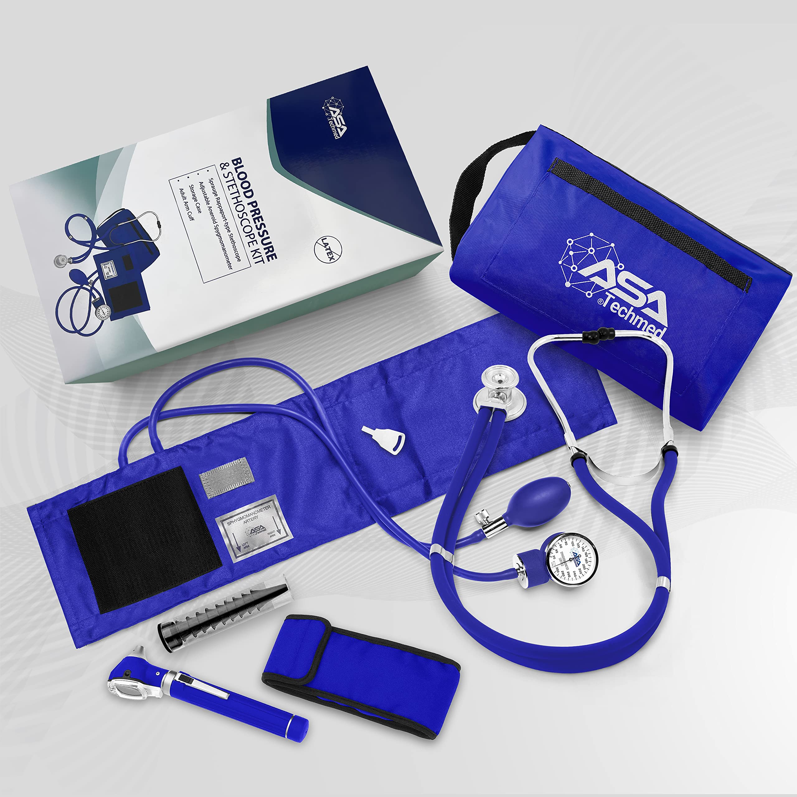 ASA TECHMED Professional Nurse Essentials Kit - Adult Aneroid Sphygmomanometer, Stethoscope & Diagnostic Otoscope in Portable Travel Case (Blue) | Ideal for Home Healthcare, Clinical Practice & Emergency Medical Use