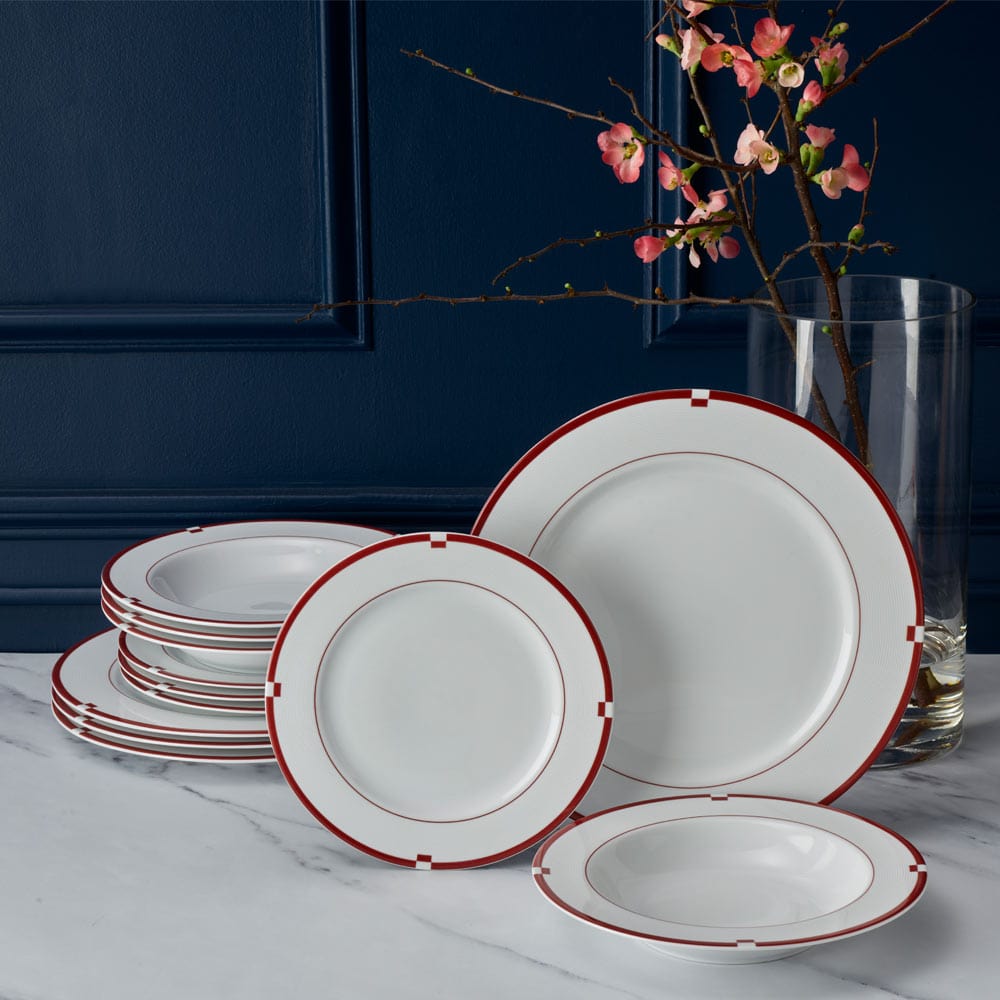Luxury Jet Set Red 16-Piece Dinnerware Set - Elegant Porcelain Plates, Bowls & Mugs - Perfect for Formal Dining, Holiday Entertaining & Wedding Registry