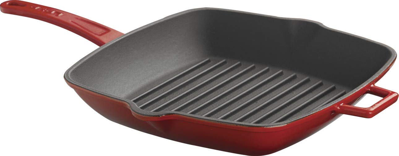 Premium Lava Signature Enameled Cast Iron 11-Inch Square Grill Pan - Cayenne Red | Heavy Duty Cookware for Indoor/Outdoor Grilling, Searing Steaks & Perfect Panini Sandwiches
