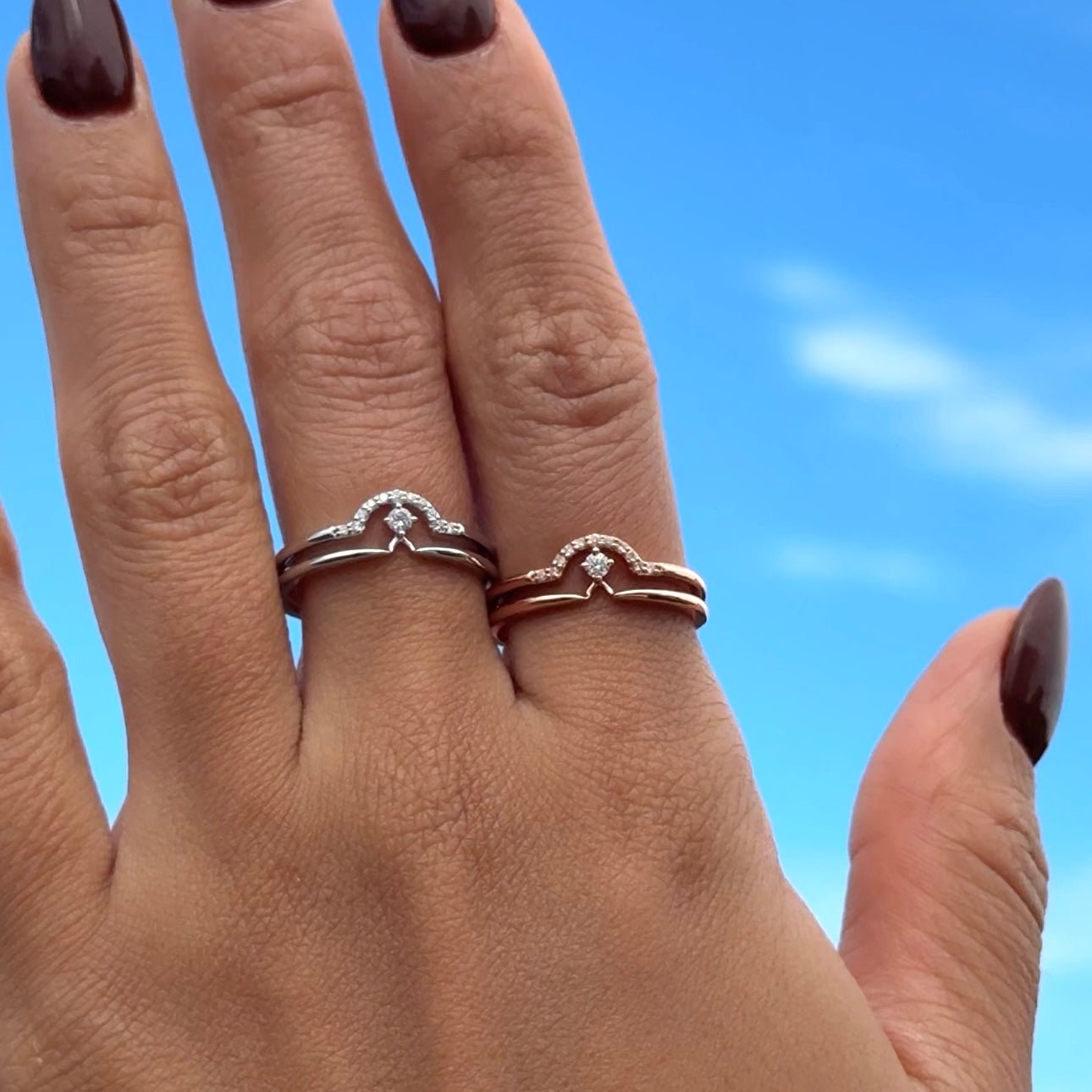 14K Rose Gold Diamond Curve Double Layer Ring - Elegant Stackable Band for Women, Perfect for Weddings, Anniversaries & Everyday Wear