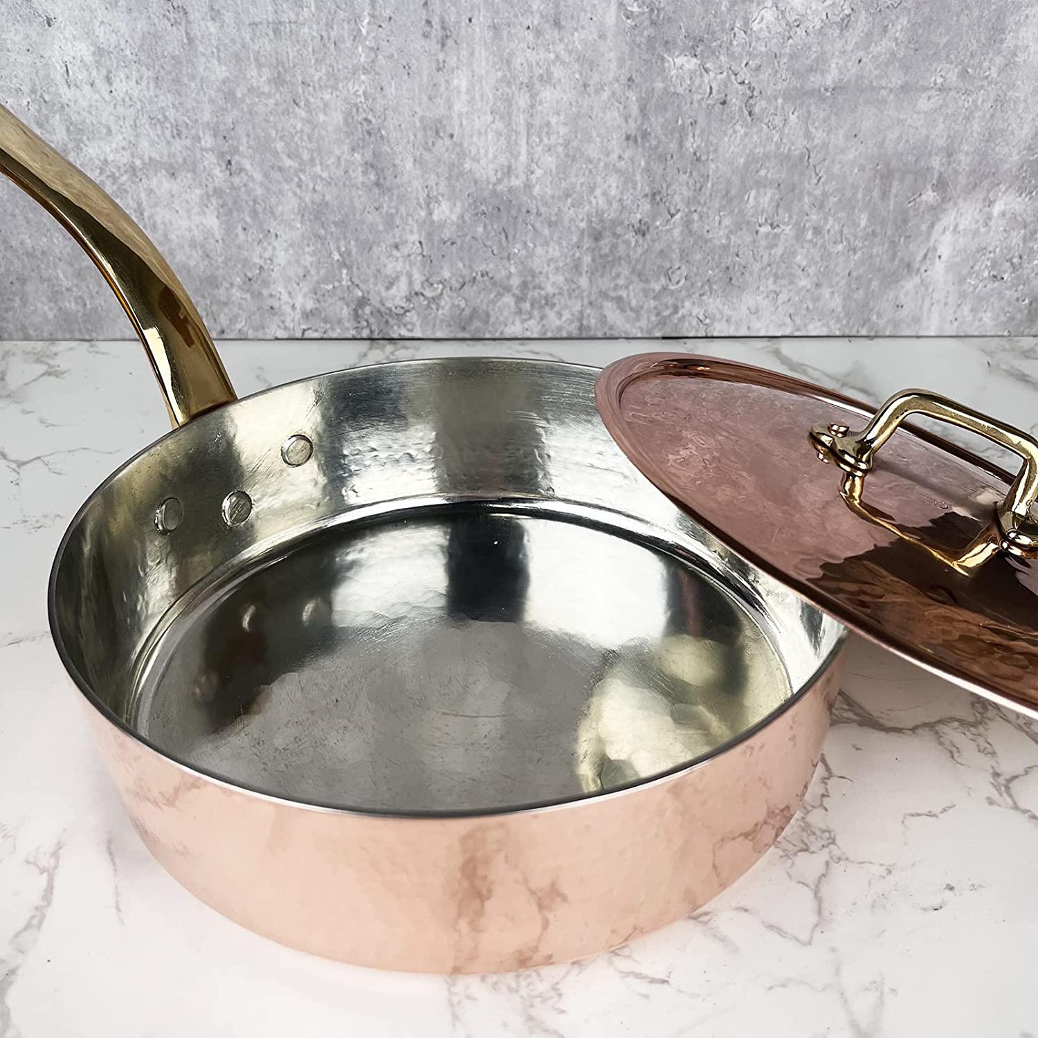 Coppermill Kitchen Vintage Copper & Brass Medium Saute Pan with Lid - 2.25 Quart Hammered Tin-Lined Italian Cookware for Sauteing, Frying & Serving - Perfect for Home Cooking & Gourmet Meals