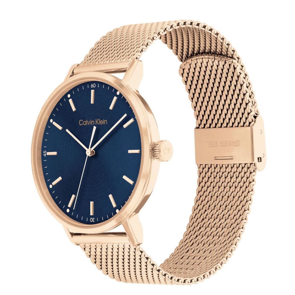 Calvin Klein Men's Watch with Blue Dial & Rose Gold Milanese Strap - Model 25200314 | Perfect for Business, Casual & Formal Occasions