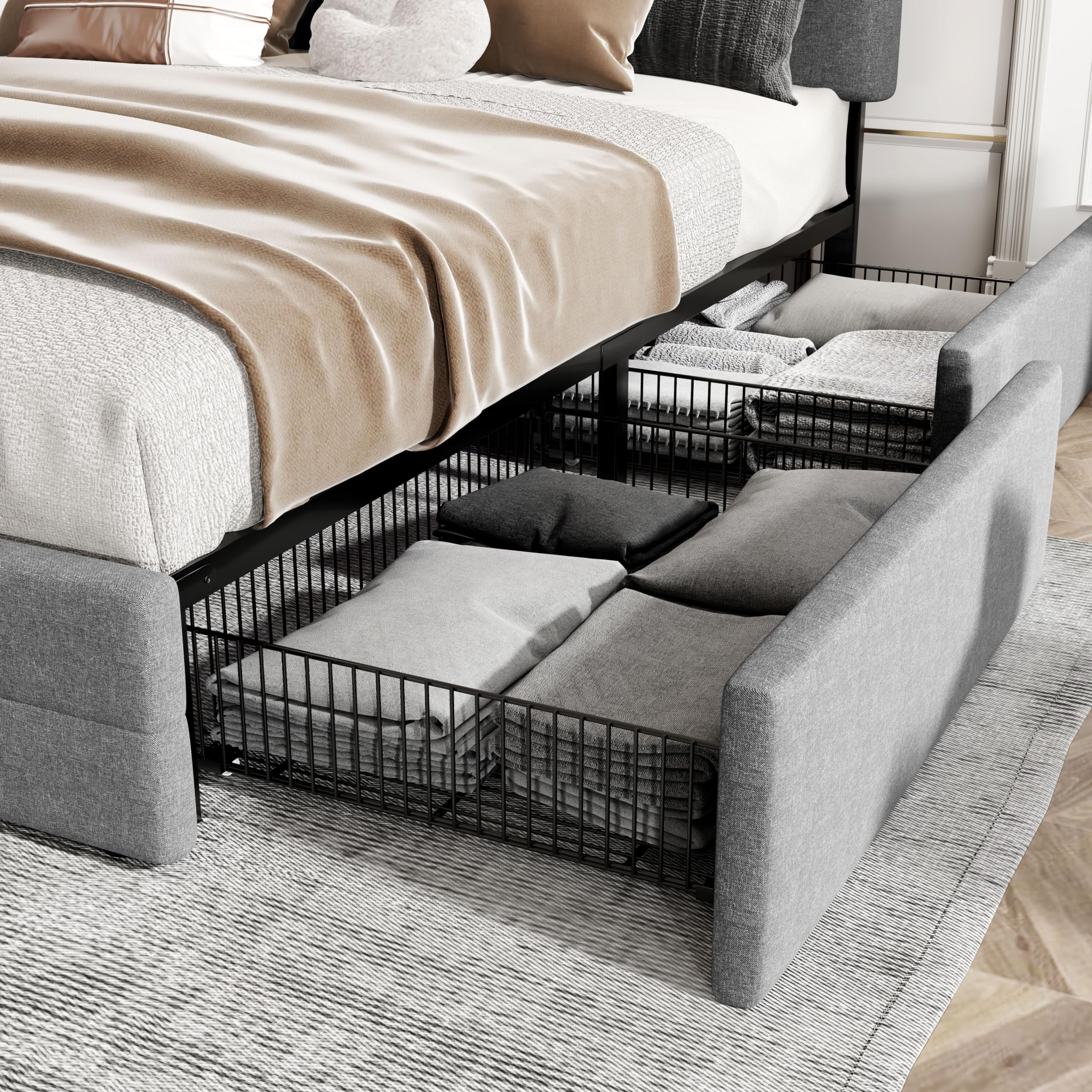 HOOMIC Queen Size Storage Bed Frame with 4 Drawers - Adjustable Tufted Headboard, Wooden Slats Support, No Box Spring Needed | Noise Free, Easy Assembly | Light Grey Modern Platform Bed for Small Space Bedroom, Guest Room & Apartment