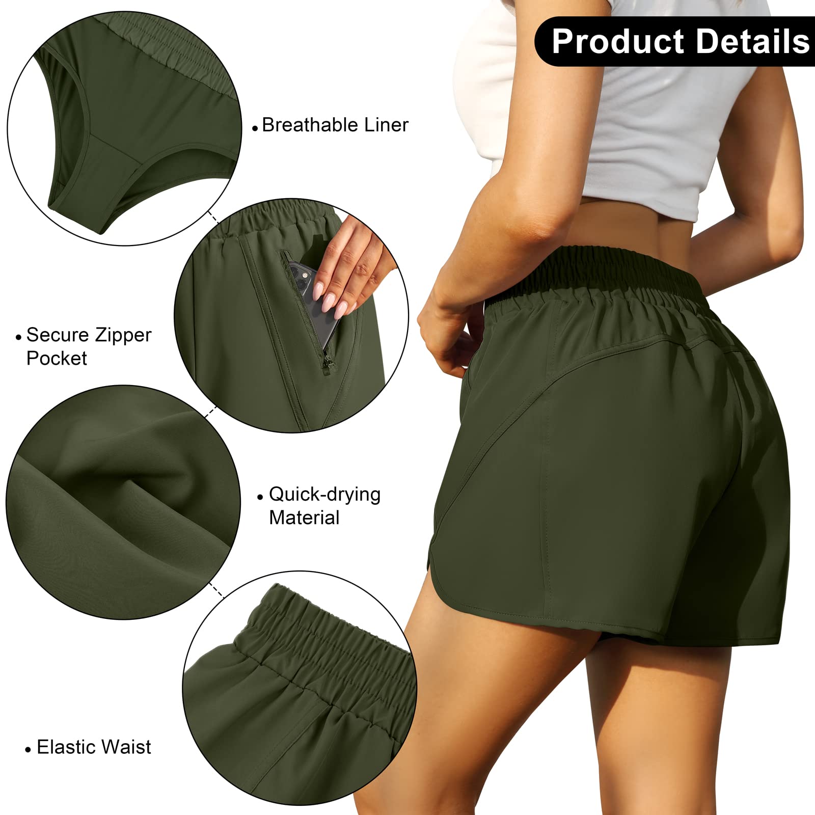 URATOT 2 Pack Women's High Waisted Quick Dry Athletic Shorts with Zip Pockets - Summer Running Shorts for Gym Workout, Yoga & Outdoor Activities