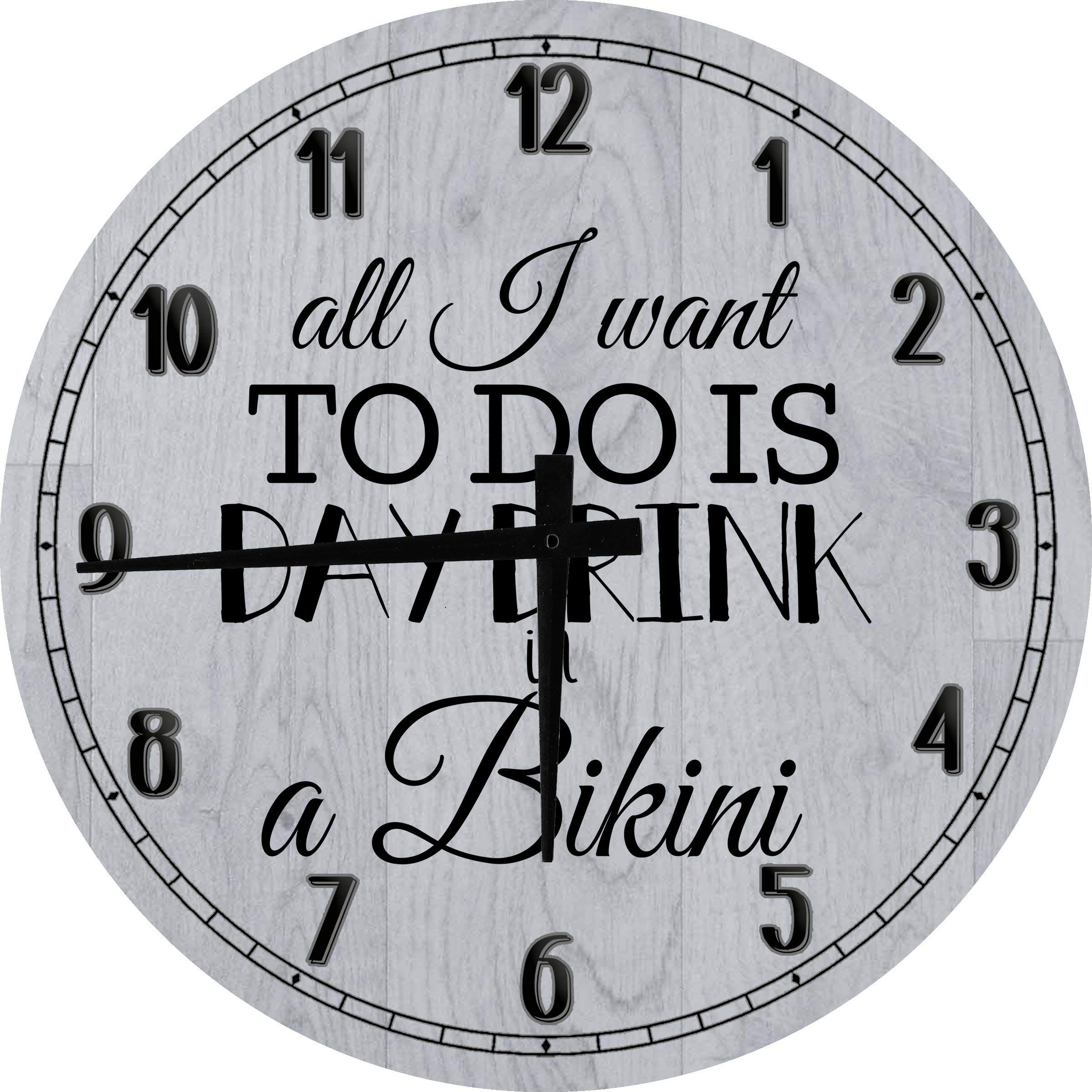 Funny Wine Lover Girl Large 24 Inch Round Wall Clock - Day Drink in a Bikini Design, Battery Operated Gray Wall Art for Kitchen, Living Room, or Bar Decor
