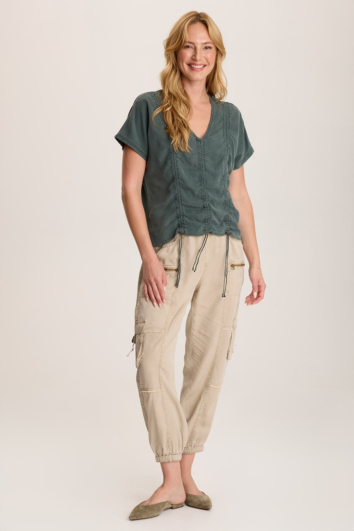 Werner Twill Ruched Cord Relaxed V Neck Tee - Soft Casual Women's T-Shirt for Everyday Wear & Layering | Perfect for Work, Outings & Relaxing at Home