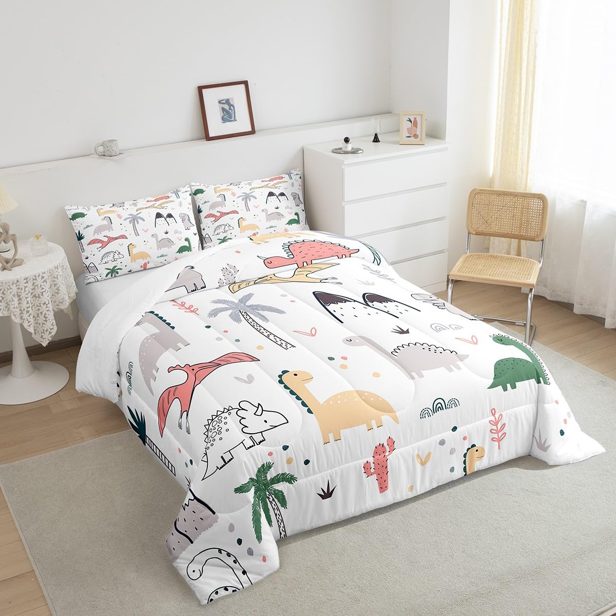 Feelyou Dinosaur Comforter Set - Queen Size Kids Bedding with Cartoon Dinos & Jungle Animals - Soft Duvet Cover for Boys & Girls Nursery Decor - Perfect for Kids' Rooms, Birthday Gifts & Dinosaur Themed Bedrooms