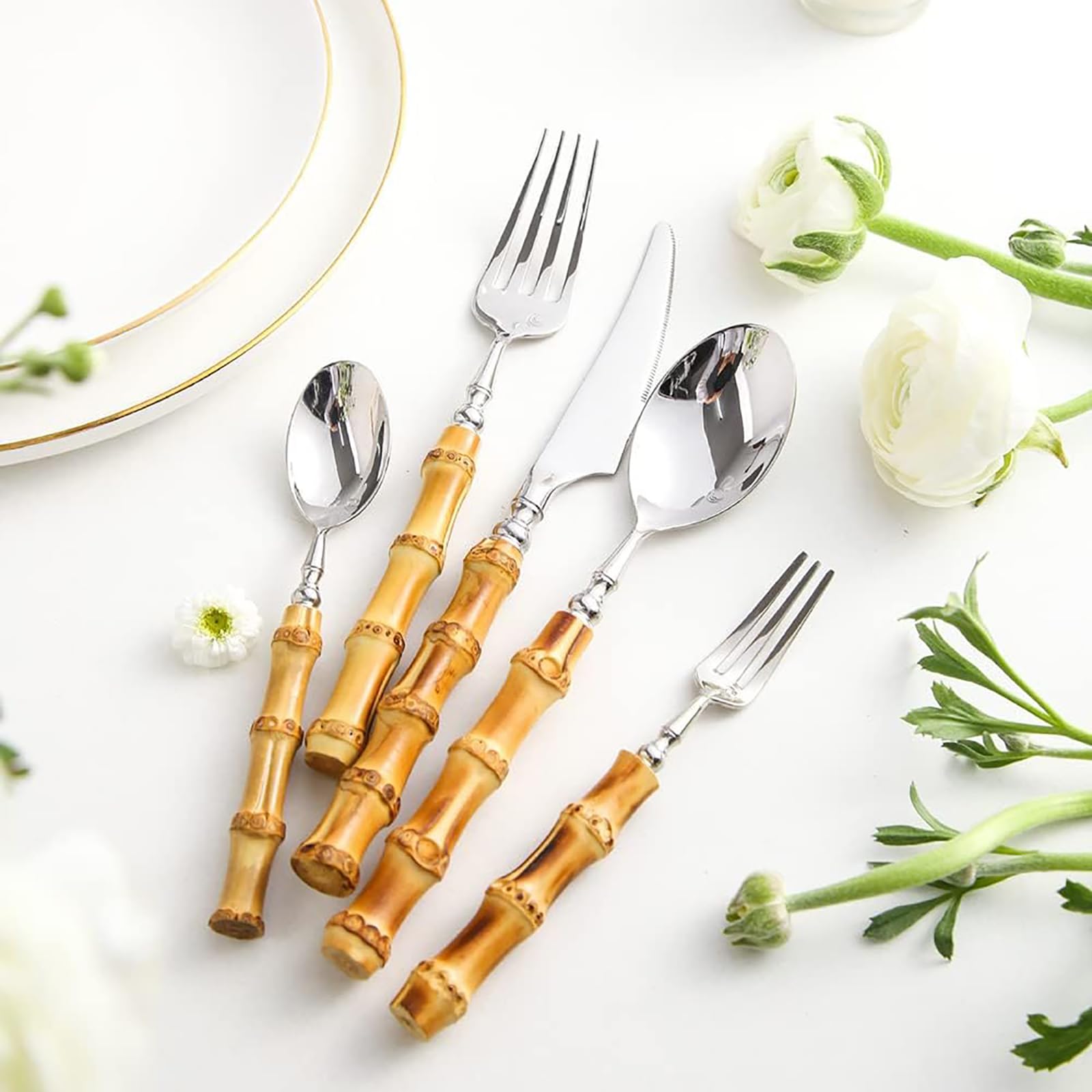Premium 90-Piece Bamboo Handle Stainless Steel Cutlery Set - 18/8 Dishwasher Safe Flatware for 18 Place Settings - Eco-Friendly Kitchen Utensils for Everyday Dining, Dinner Parties & Restaurant Use