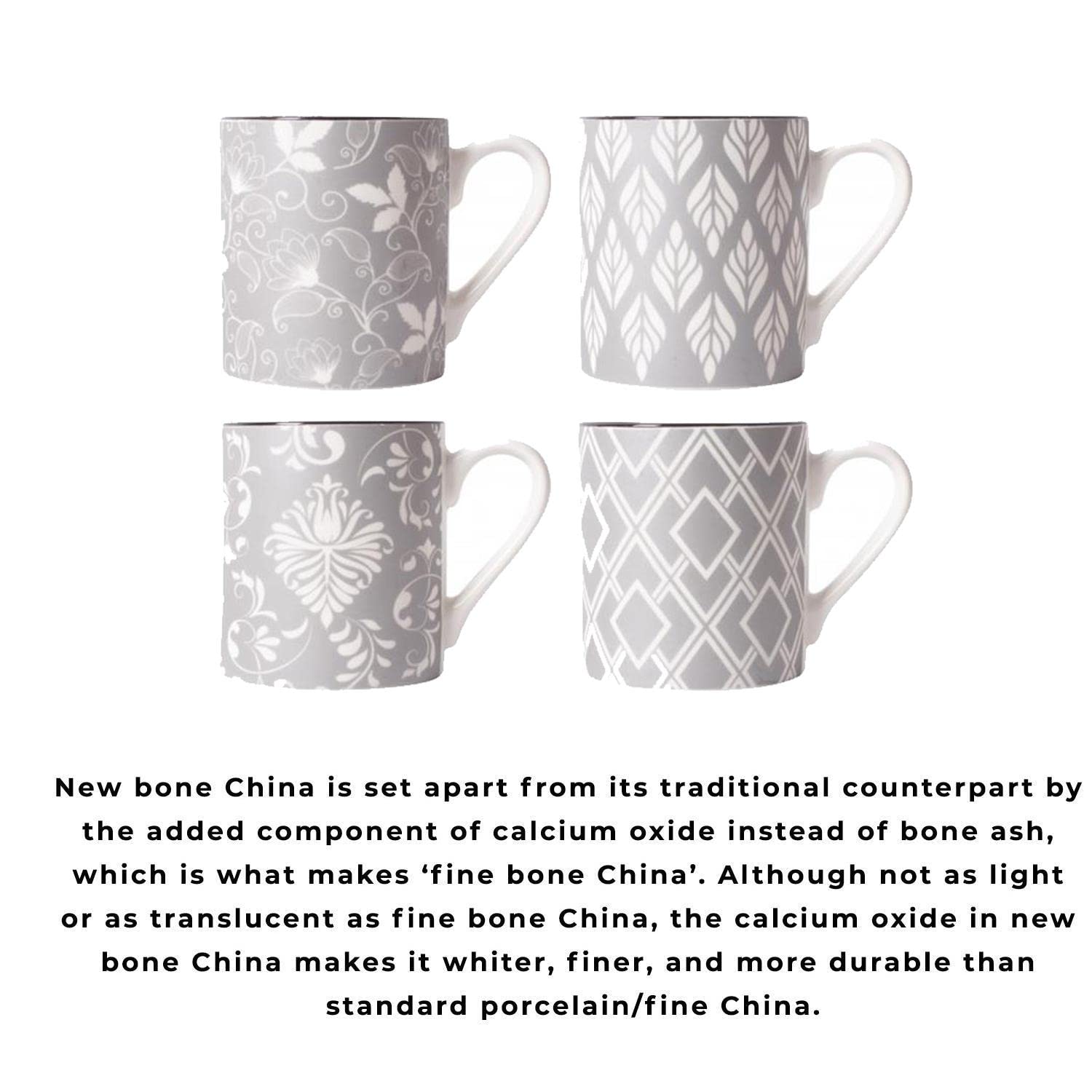 Premium Set of 4 Porcelain Bone China Coffee Mugs - 17oz Large Tea Cups with Elegant Grey & White Floral Geometric Design - Perfect for Home, Office, Gifts & Afternoon Tea Parties