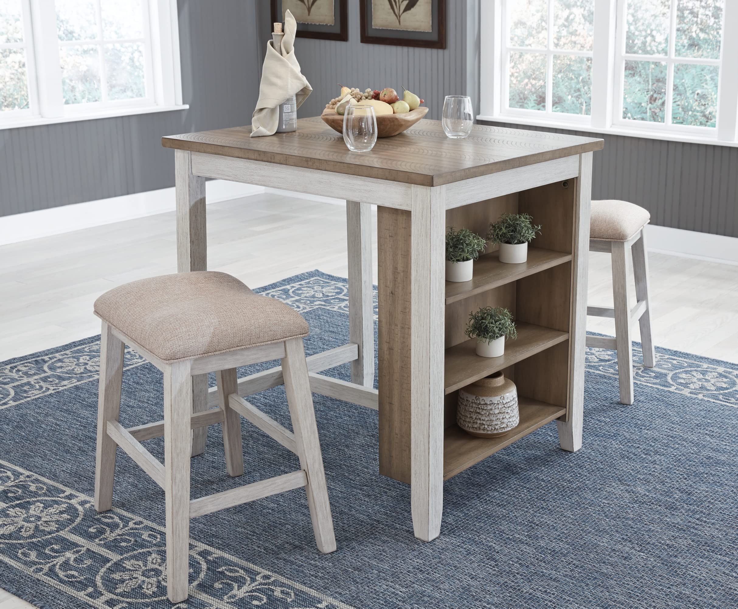 Signature Design by Ashley Skempton 3-Piece Counter Height Dining Set - Whitewash Finish Table with 2 Bar Stools | Perfect for Kitchen, Breakfast Nook & Small Space Dining Areas