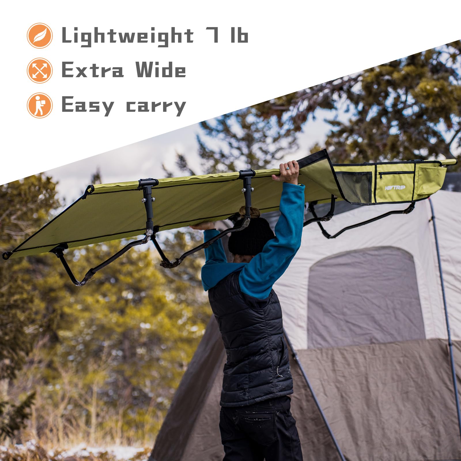 HEYTRIP Extra-Wide Folding Camping Cot - XXL Heavy Duty 350lb Capacity Portable Bed with Side Pocket & Carry Bag - Lightweight Quiet Sleeping Cot for Backpacking, Car Camping, Outdoor Adventures (Green)