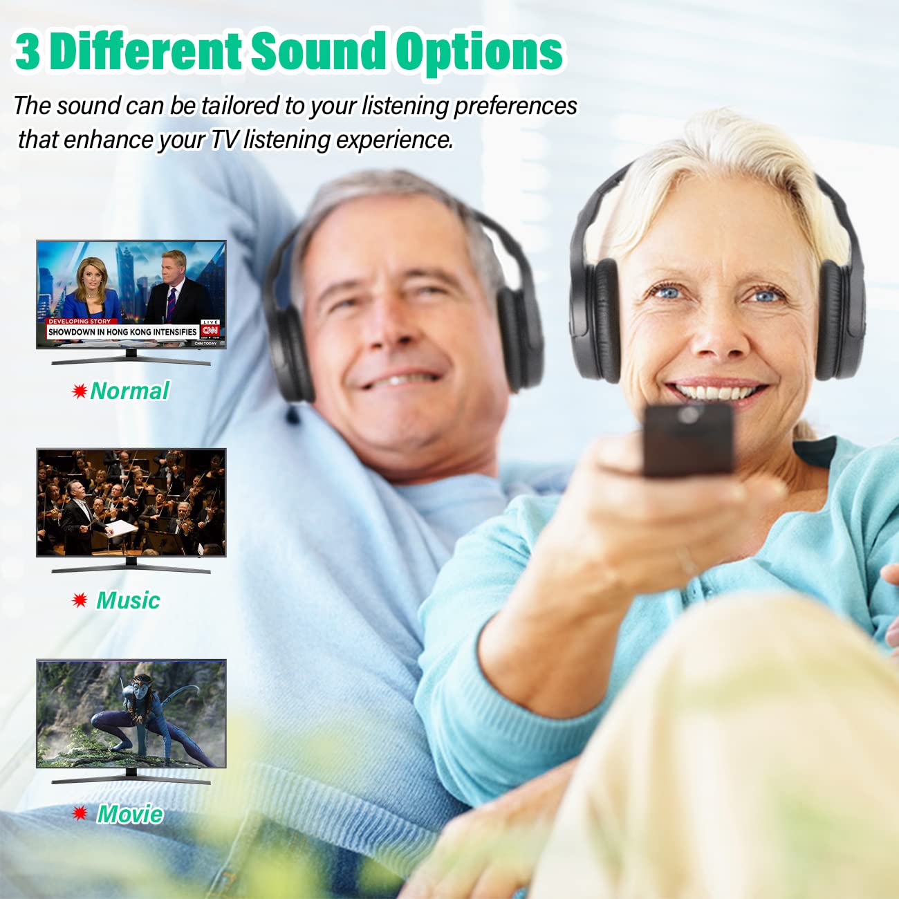 MONODEAL Wireless Headphones for TV Watching - 2.4GHz RF Over-Ear Headset with Digital Optical/RCA Transmitter, 197ft Range, 3 Audio Modes & 10Hr Playtime - Perfect for Late Night TV, Gaming & Home Theater Systems