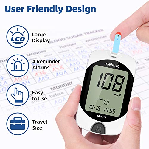 Metene TD 4116 Blood Glucose Monitor Kit with 100 Test Strips & 100 Lancets - Accurate Diabetes Testing for Home Use & Travel