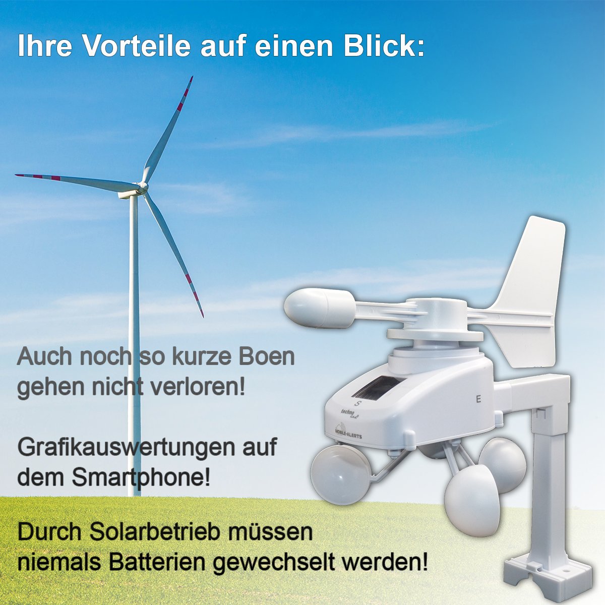 Technoline MA 10660 Pro Series Wind Sensor - High Precision Weather Station Anemometer for Outdoor & Marine Use - White