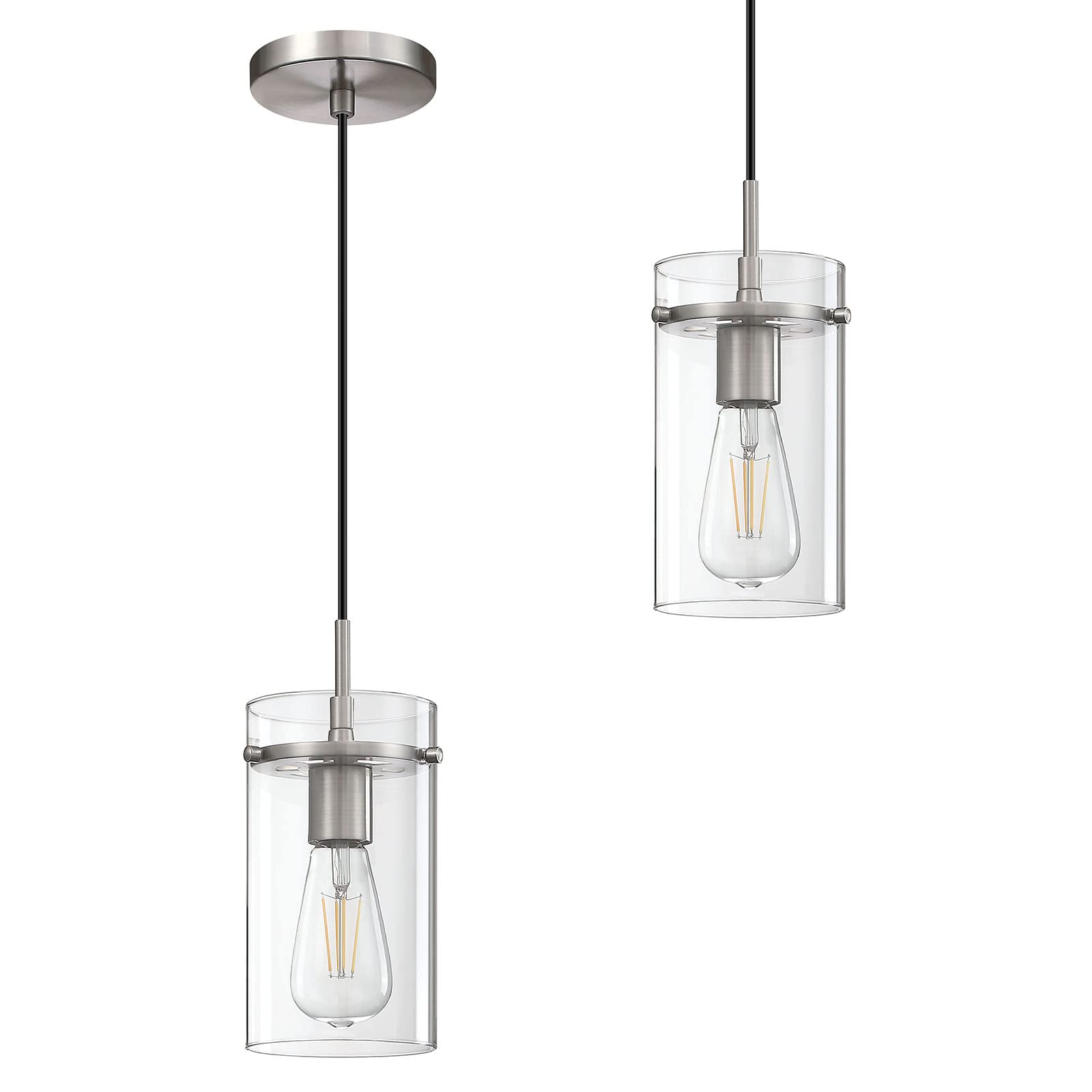 Doraimi Lighting 2 Pack Modern Kitchen Island Pendant Light - 4.7 Inch Clear Glass Shade with Brushed Nickel Finish - Farmhouse Hanging Light Fixture for Kitchen, Dining Room, Bedroom, and Living Room - Perfect for Home Decor and Ambient Lighting
