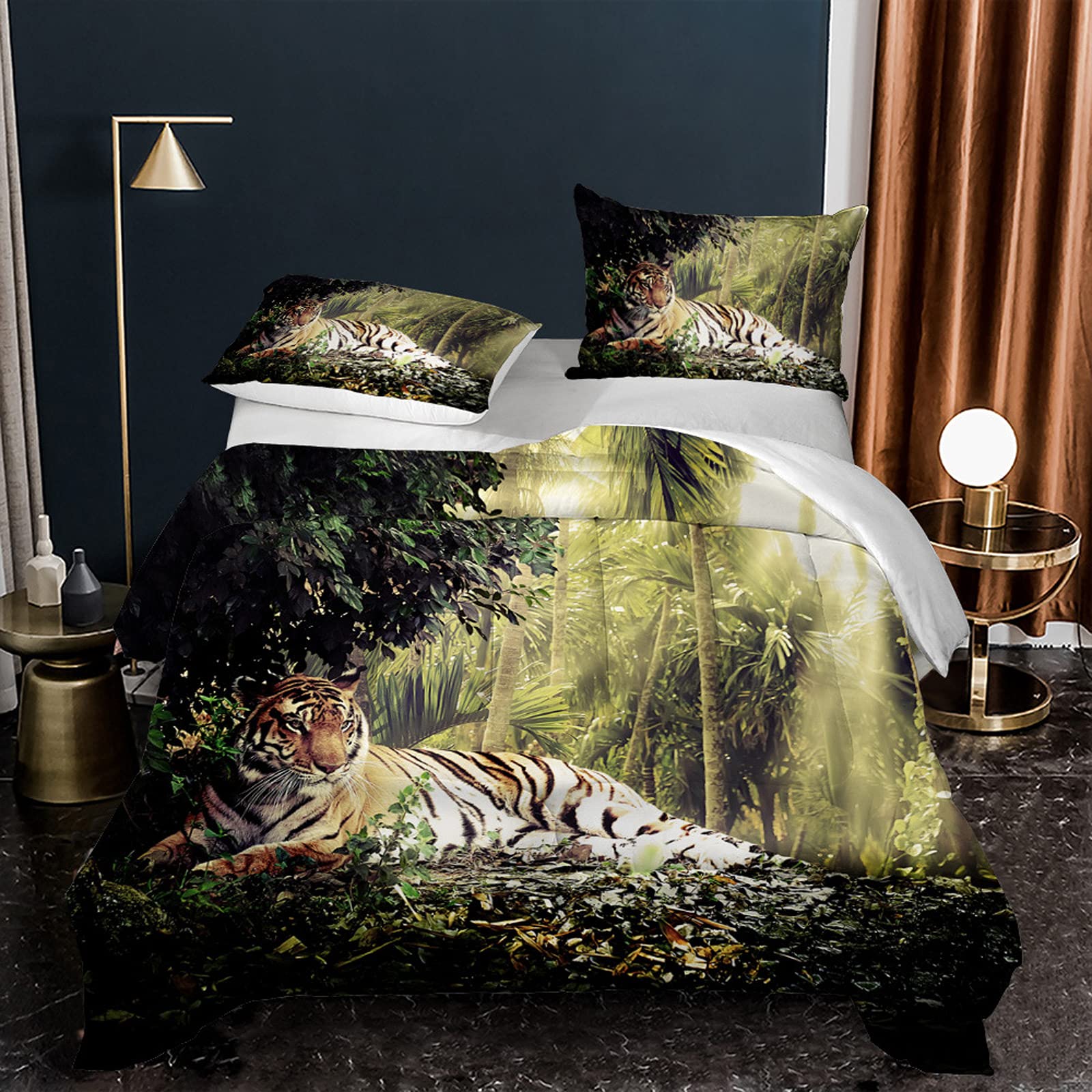 3D Wild Animal Tiger Twin Comforter Bed Set - Green Forest Print Bedding Set with 1 Comforter + 1 Pillow Sham | Jungle Theme Kids Room Decor & Cozy Bedroom Upgrade