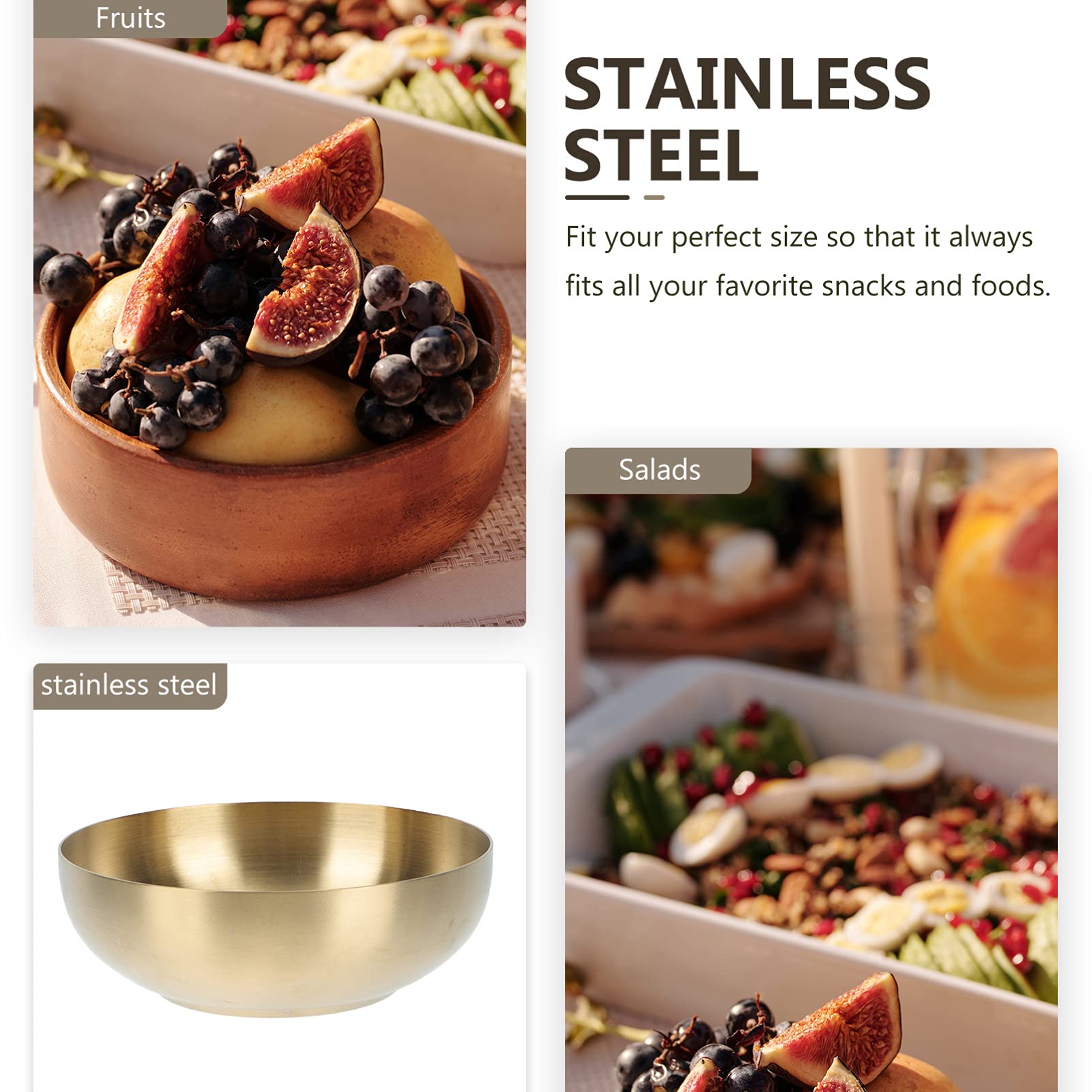 Premium Stainless Steel Double-Walled Rice & Cereal Bowls - 12cm Gold Heat-Insulated Serving Bowls for Ice Cream, Soup & Mixing - Durable Kitchenware for Restaurants, Picnics & Home Dining