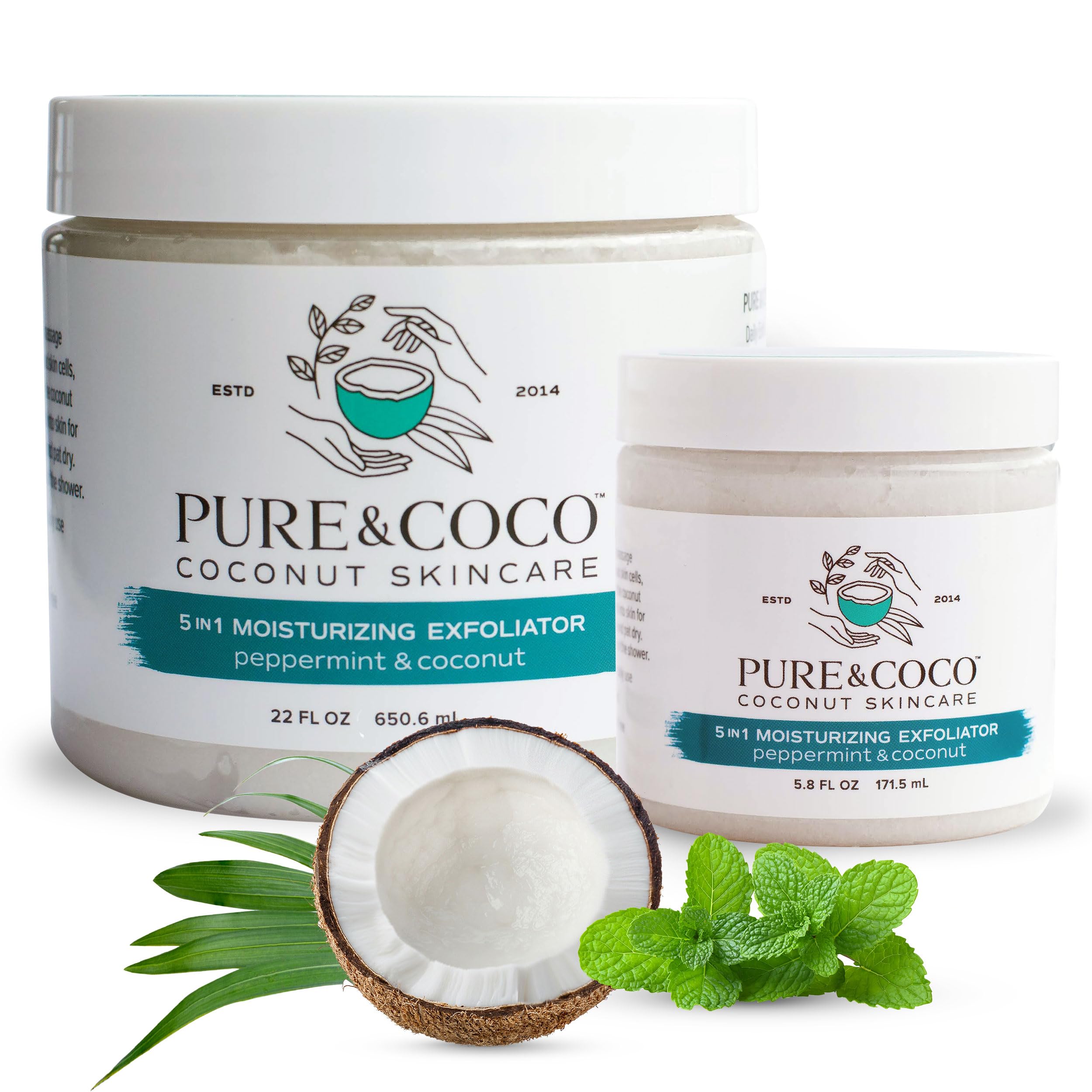 PURE & COCO Peppermint & Coconut Sugar Scrub Set - 5-in-1 Moisturizing Exfoliator for Face & Body (27.8 oz) | Gentle Skin Care with Natural Ingredients | Perfect Spa Gift for Women - Ideal for Dry Skin Treatment & Relaxing Bath Time Self Care