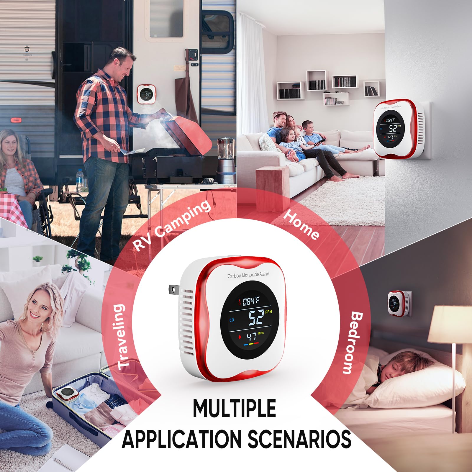 3-in-1 Plug-in Carbon Monoxide Detector with Temperature & Humidity Display - Compact CO Alarm for Home, RV, Travel Safety - Ideal for Bedrooms, Kitchens & Camping Trips