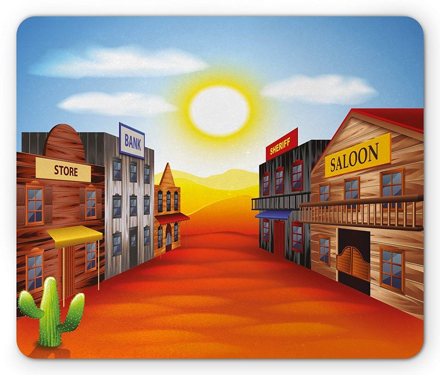 Western Mouse Pad - Realistic Wild West Town Illustration with Iconic Places, Sunset & Vibrant Desert Landscape - Standard Size Non-Slip Rubber Mousepad for Office & Gaming - Perfect for Cowboy & Western Decor Enthusiasts