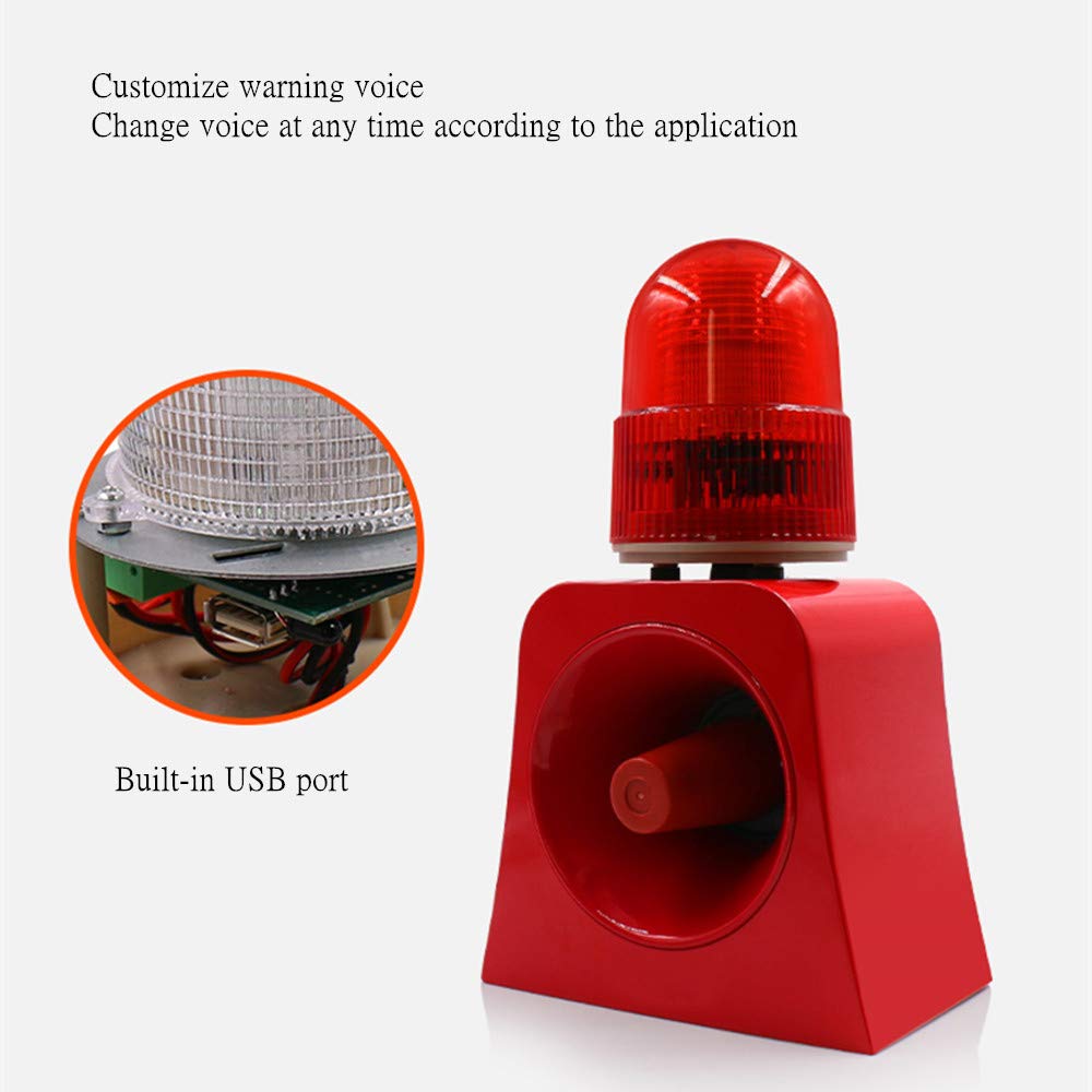 Industrial Grade 120dB Sound & Flashing Light Alarm Siren with Custom Voice - Emergency Warning System, USB Port, AC 110V (Model SF-503) for Warehouse, Construction Site & Outdoor Security