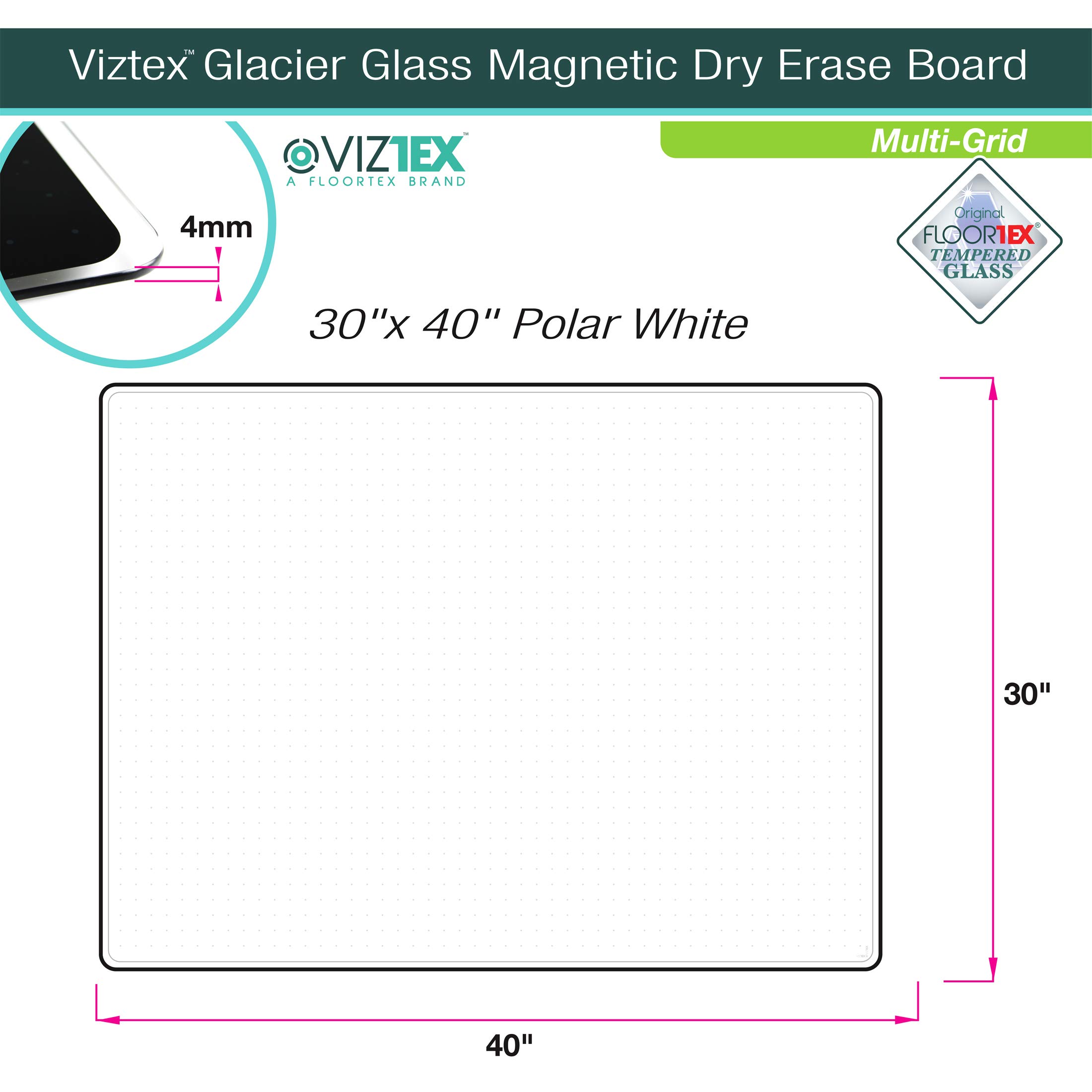 Floortex Viztex Glacier White Dry Erase Board 30x40 Inch - Multi-Purpose Grid Glass Whiteboard for Office, Classroom & Home Use - Perfect for Presentations, Teaching & Planning