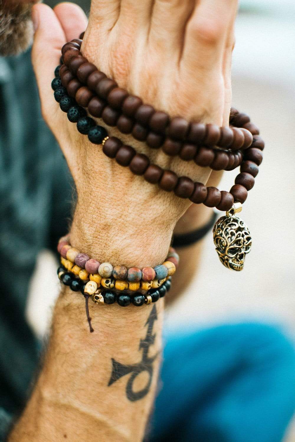 Hand Carved Skull Wrist Mala Beads - 108 Natural Wood Prayer Beads for Meditation, Yoga & Spiritual Practice - Buddhist & Hindu Prayer Bracelet for Men & Women