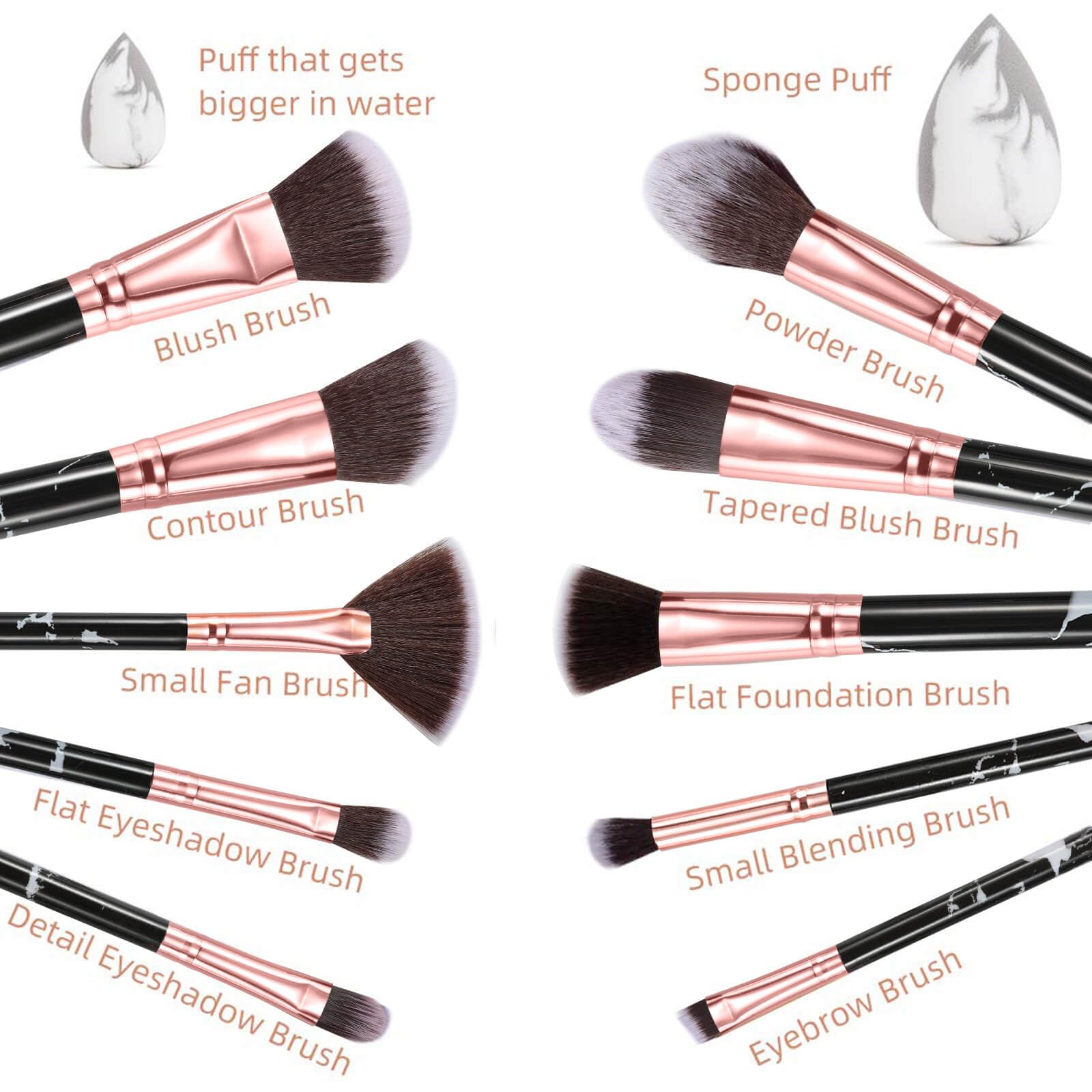 Professional Marble Makeup Brush Set - 10pcs Soft Synthetic Bristles with 2 Sponges & Cosmetic Bag | Odor-Free, Vegan & Cruelty-Free Makeup Tools for Foundation, Blending, Contouring | Perfect for Travel & Professional Makeup Artists (Black)