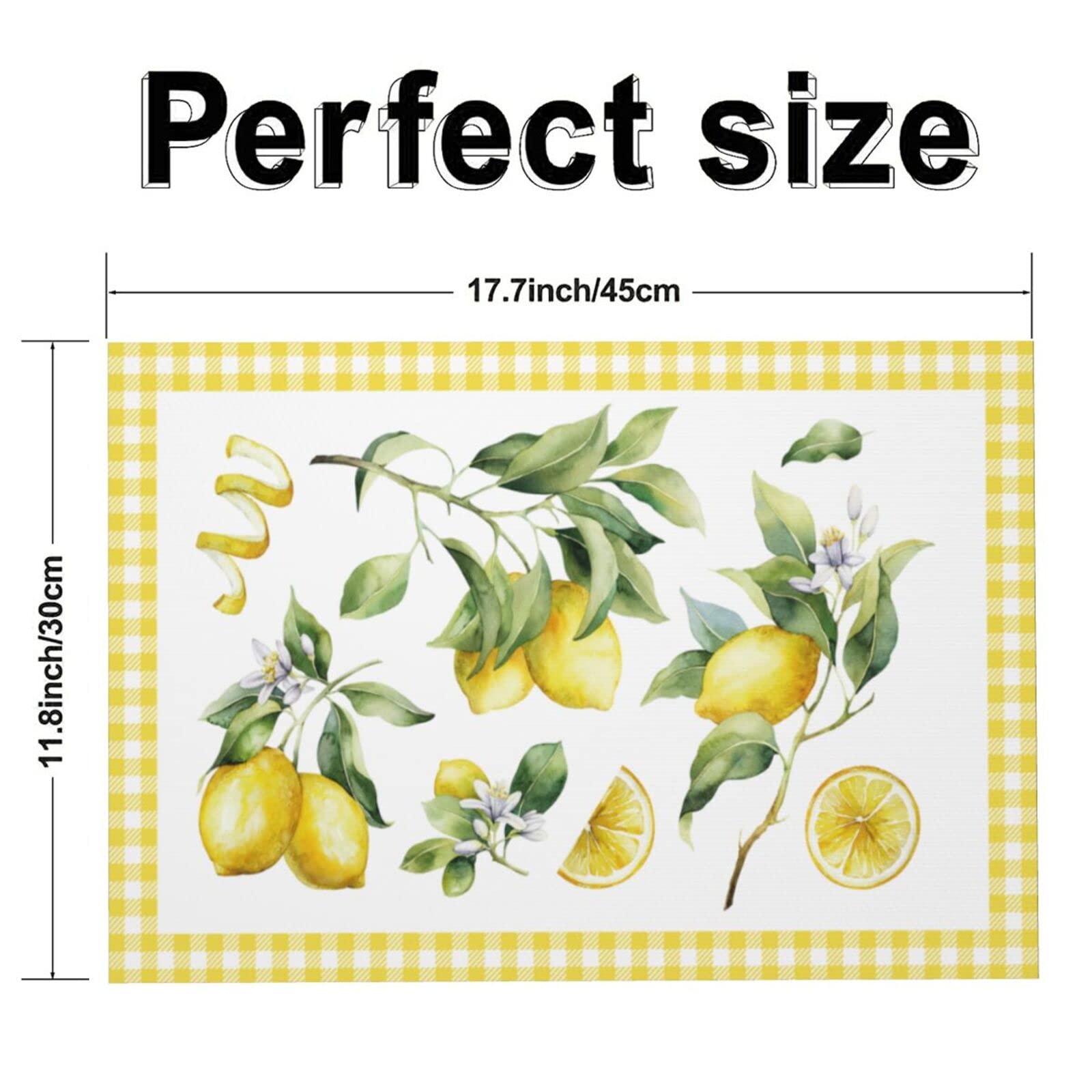 Premium Lemon Print Woven Fabric Placemats - Set of 4 Rectangle Table Mats for Dining Room Decor | Waterproof & Washable | Perfect for Everyday Meals, Dinner Parties, and Holiday Gatherings