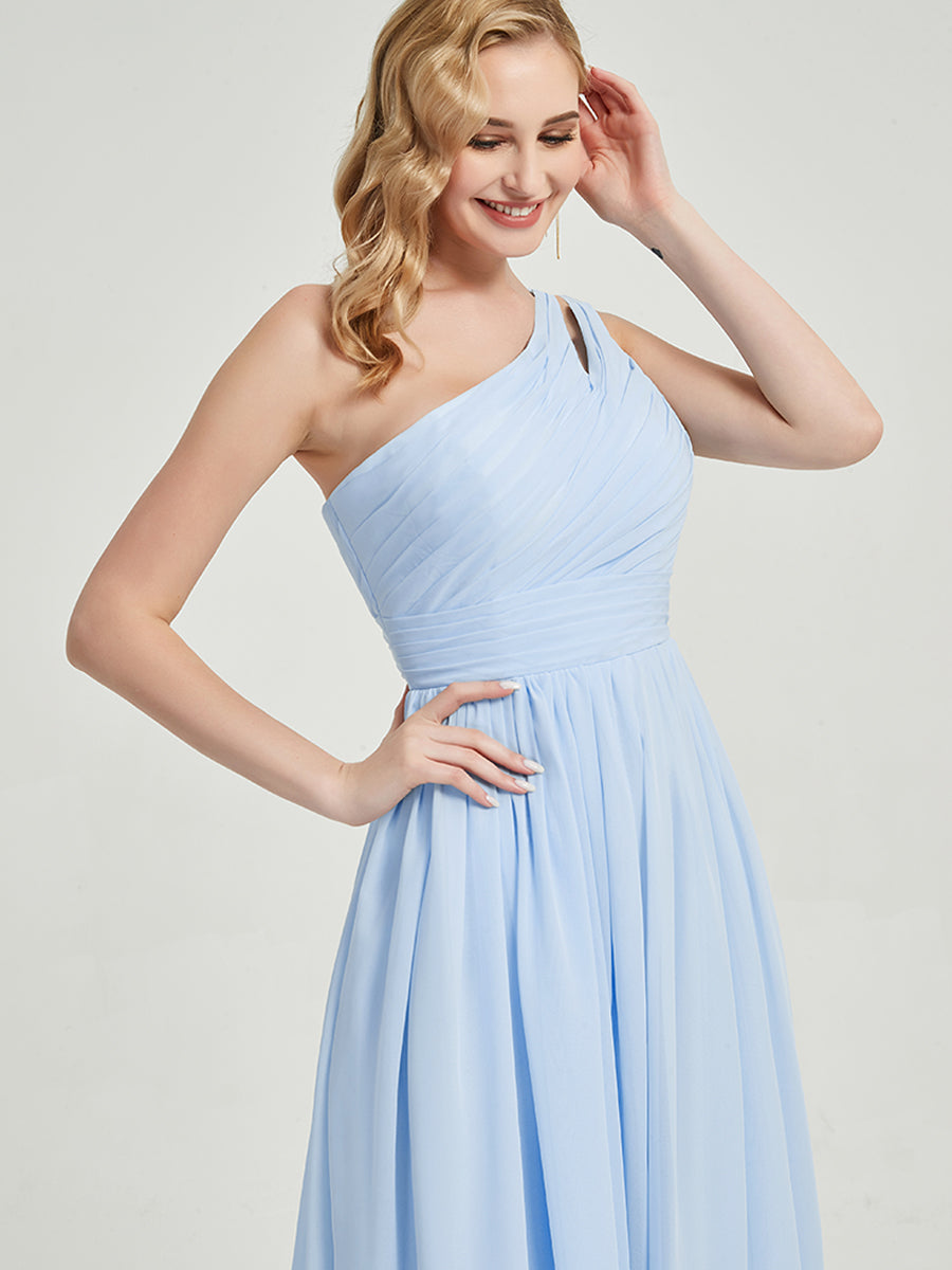 Elegant Cornflower Blue One Shoulder Floor Length Chiffon Bridesmaid Dress for Weddings & Formal Events - Perfect for Bridal Party & Evening Occasions