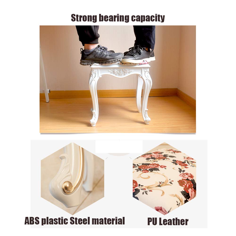 Baroque Style Vanity Bench with Upholstered Seat & Plastic Steel Legs - Padded Makeup Stool, Dressing Room Chair, Living Room Bench - High Resilience Sponge for Comfort - Perfect for Bedroom, Boudoir & Home Decor