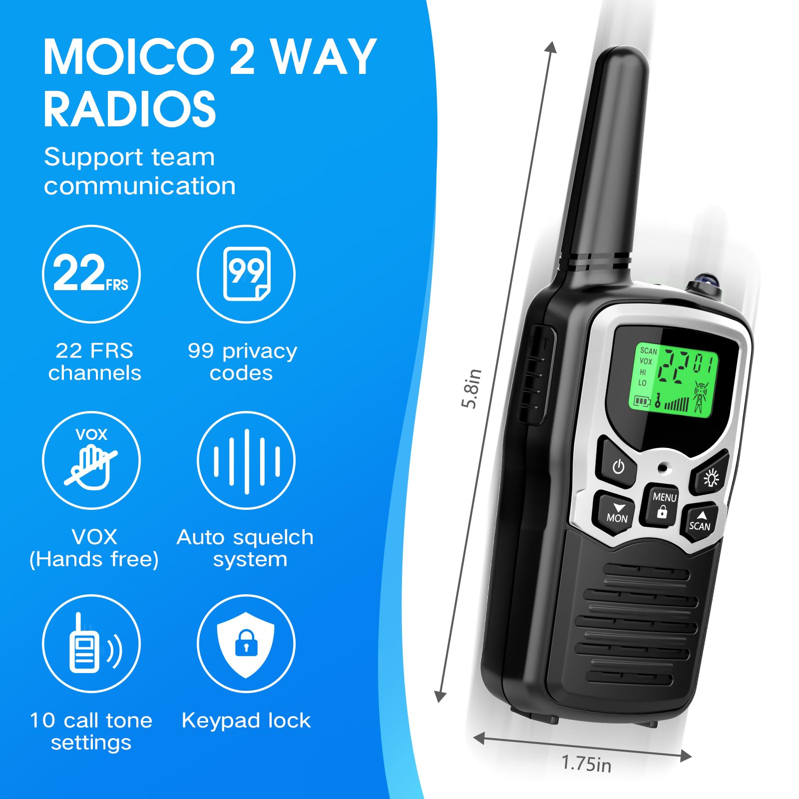 MOICO Long Range Walkie Talkies for Adults - 2 Pack Two-Way Radios with 22 FRS Channels, VOX, Scan & LCD Display, LED Flashlight - Perfect for Outdoor Adventures, Hiking, Camping, Biking & Emergency Survival (Silver)